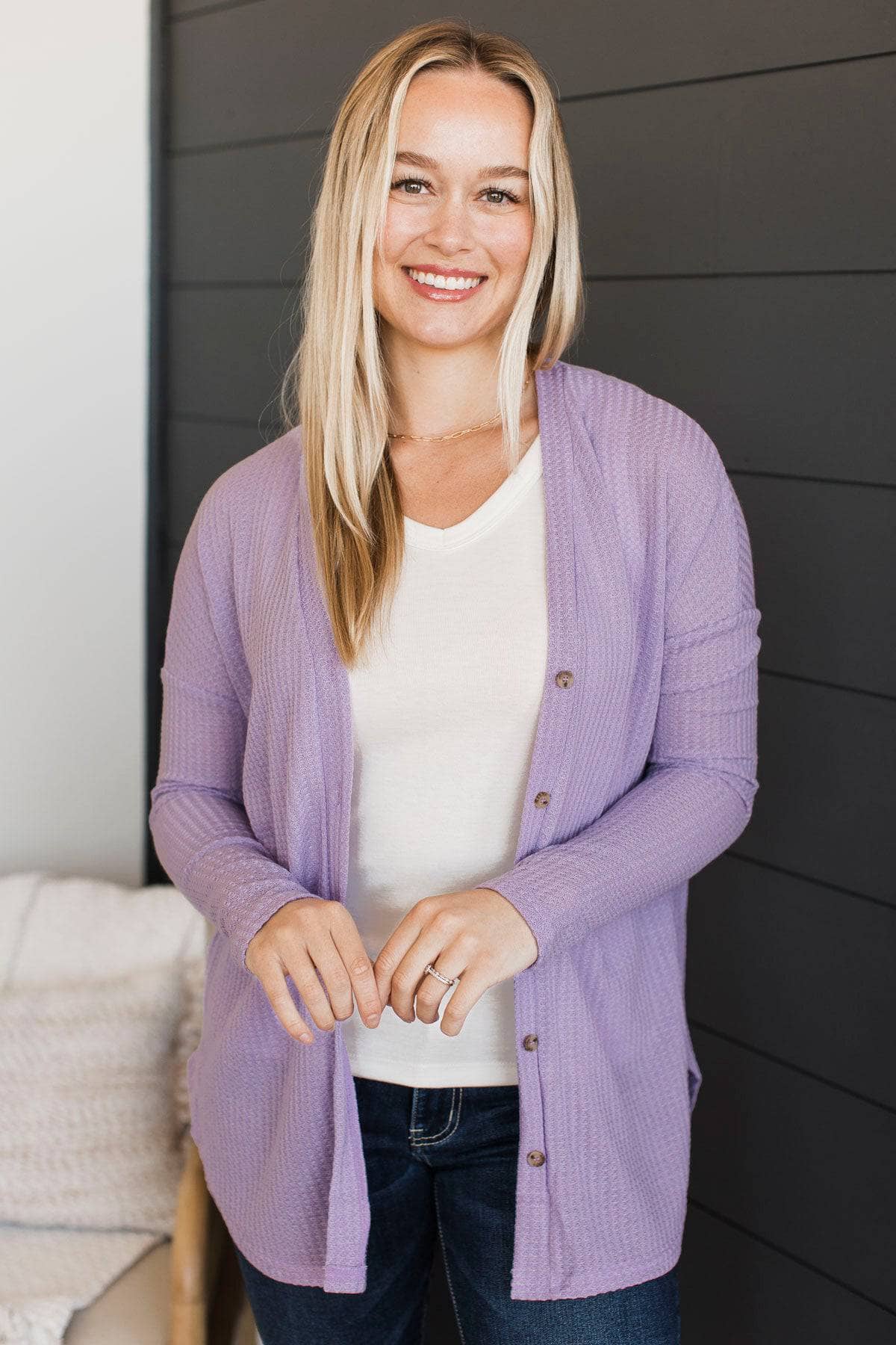 With Reverence Waffle Button Cardigan- Lavender - Image 3