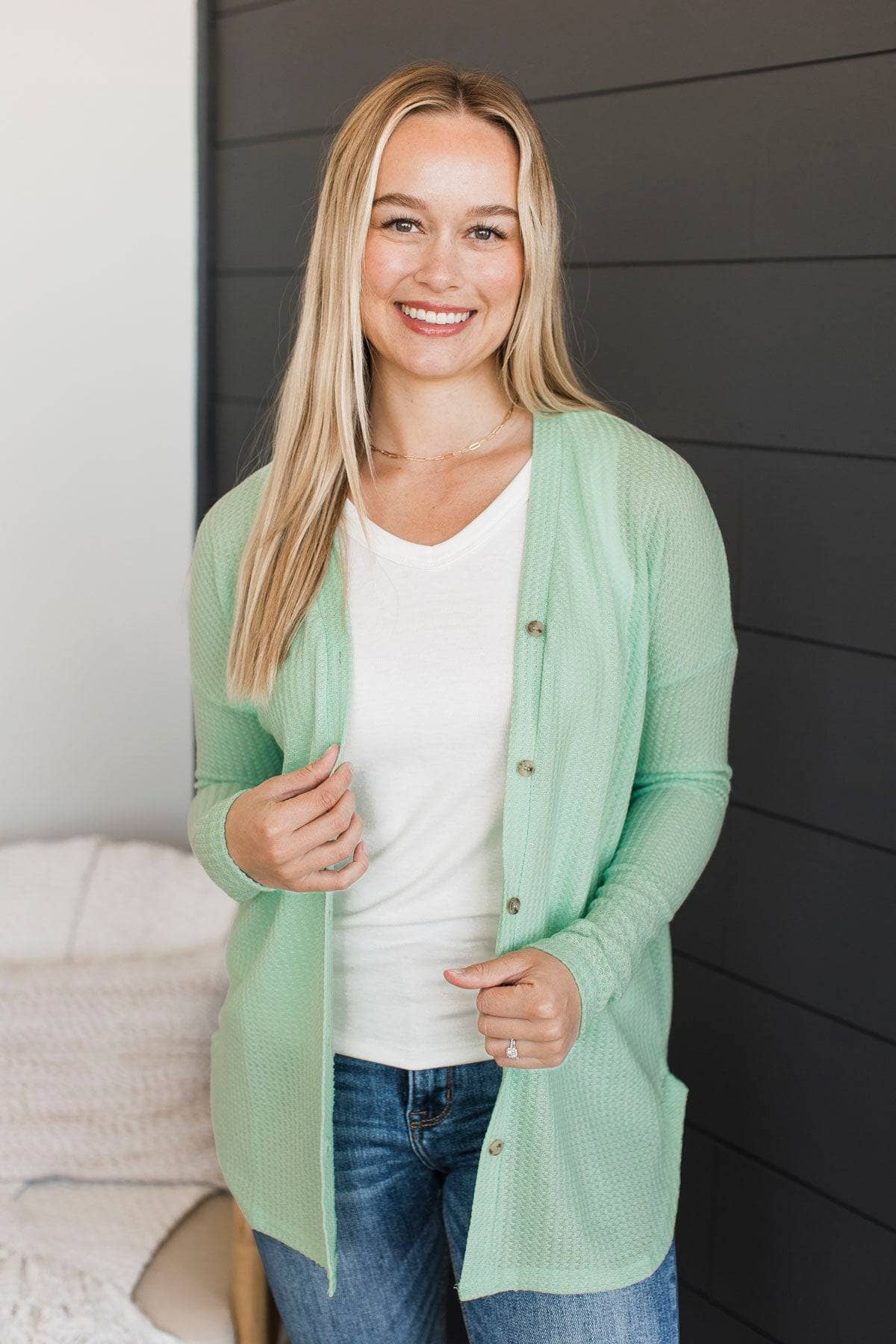 With Reverence Waffle Button Cardigan- Mint - Image 2