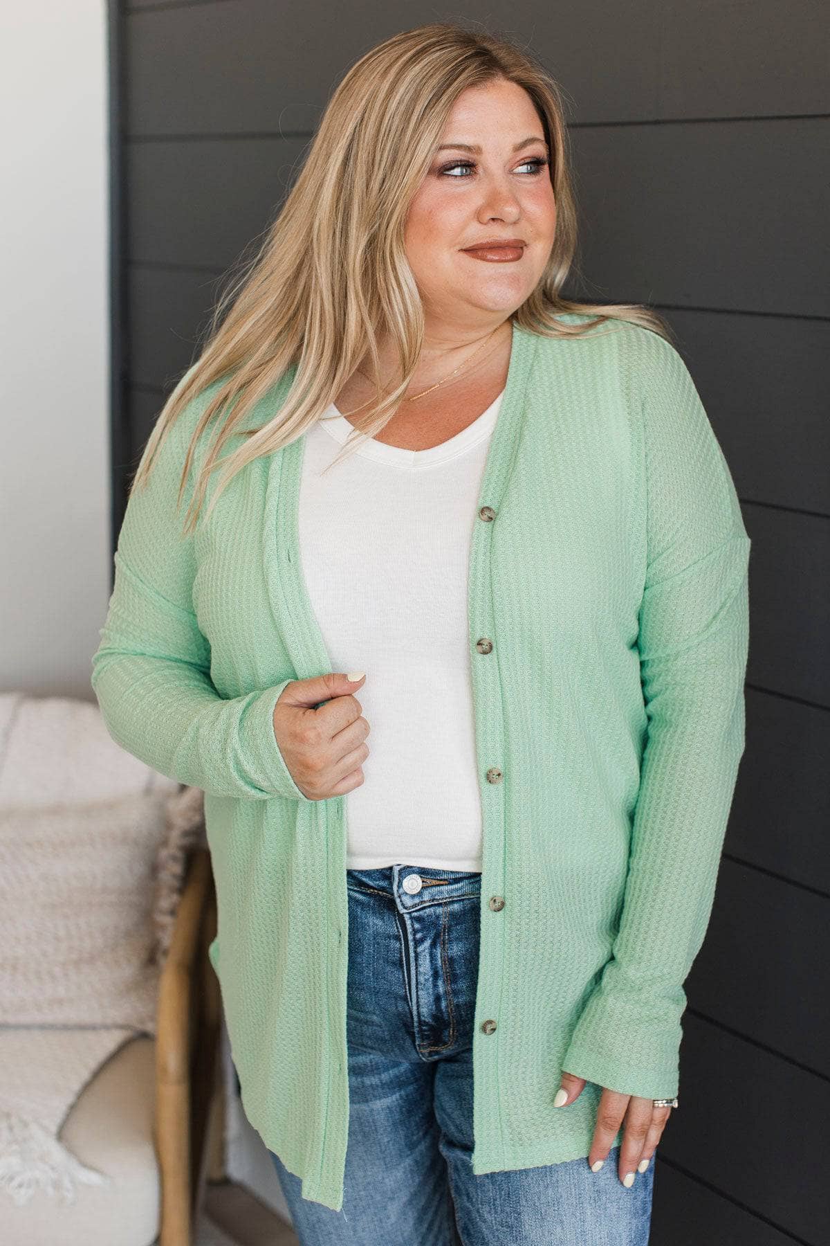 With Reverence Waffle Button Cardigan- Mint - Image 3