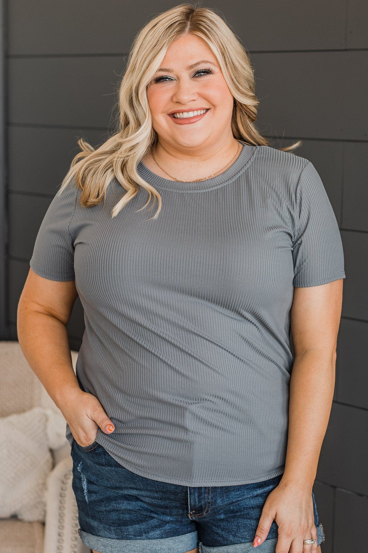 Without A Care Ribbed Knit Top- Grey