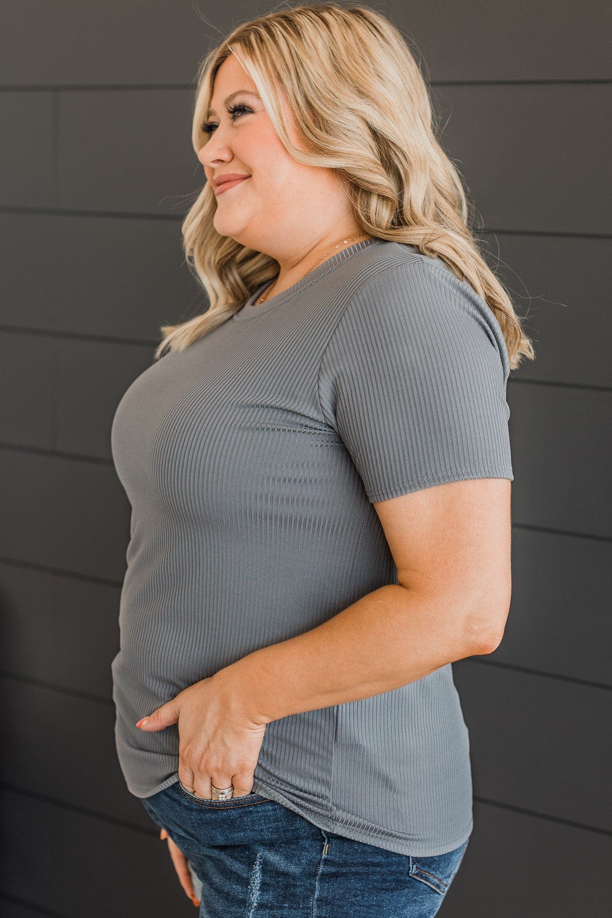 Without A Care Ribbed Knit Top- Grey - Image 5