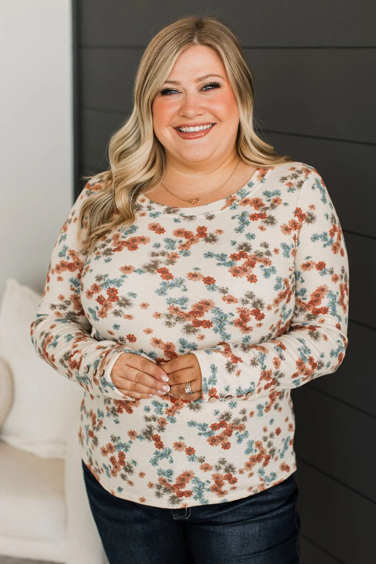 Without Hesitation Long Sleeve Floral Top- Natural - Image 3