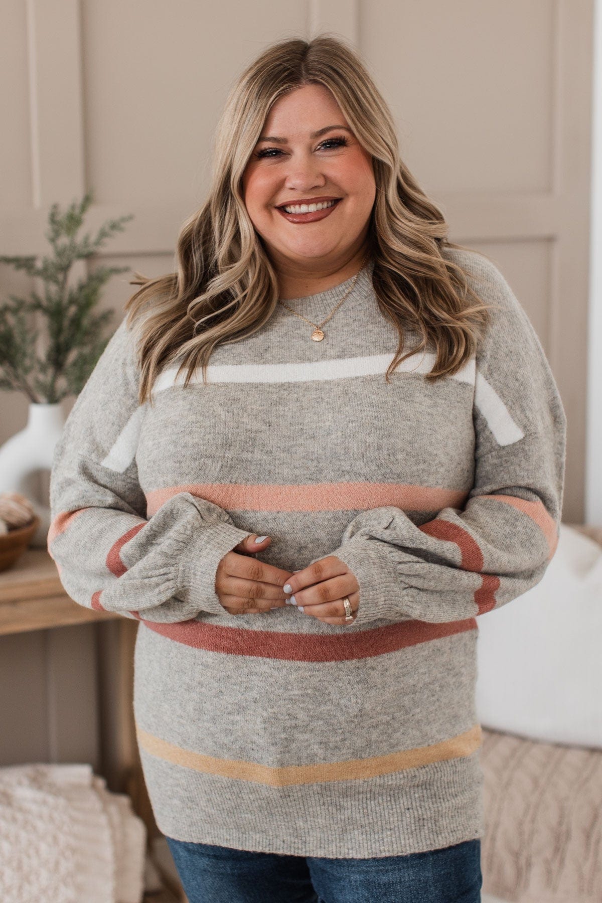 Wonderful Days Striped Knit Sweater- Heather Grey - Image 2