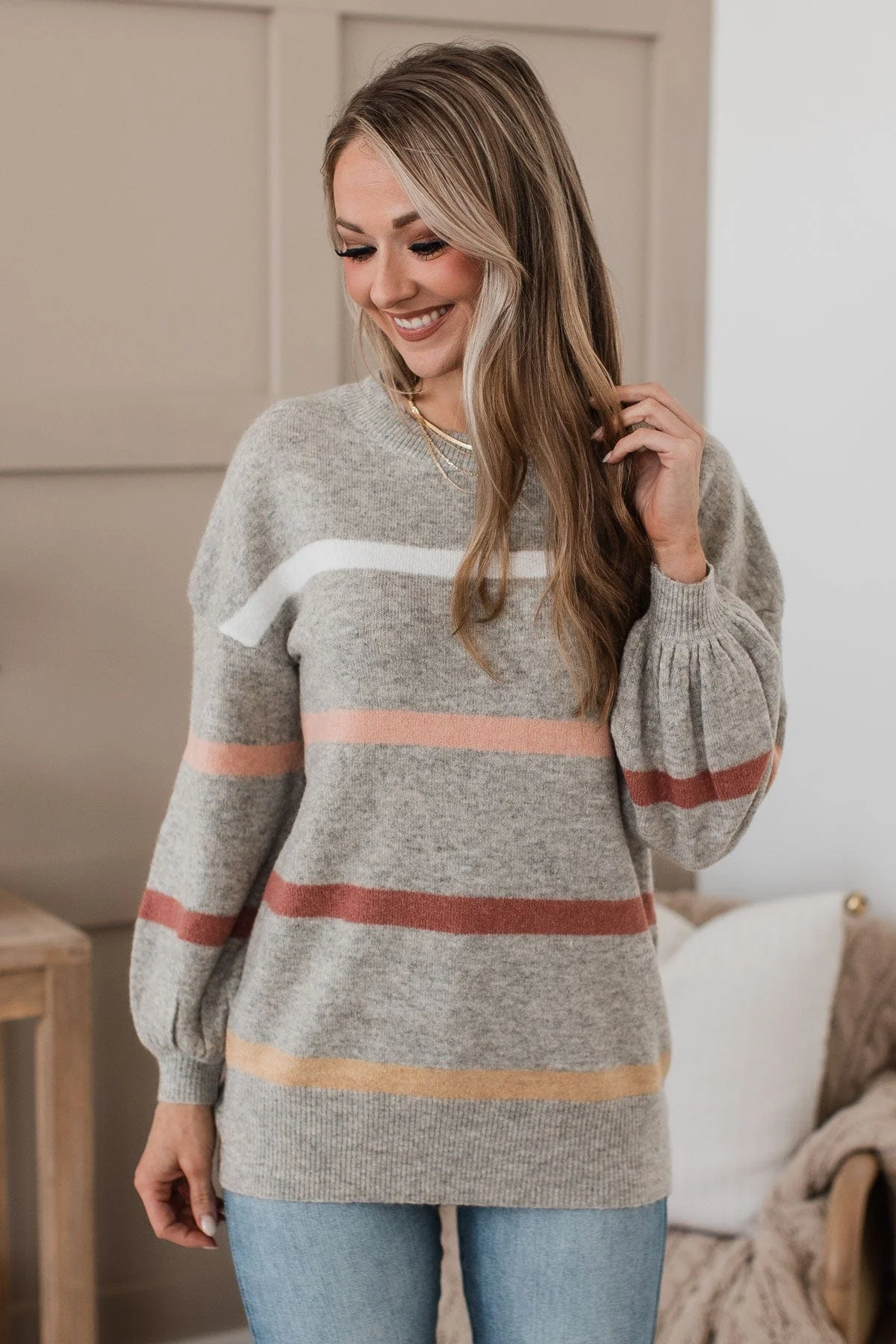 Wonderful Days Striped Knit Sweater- Heather Grey - Image 3