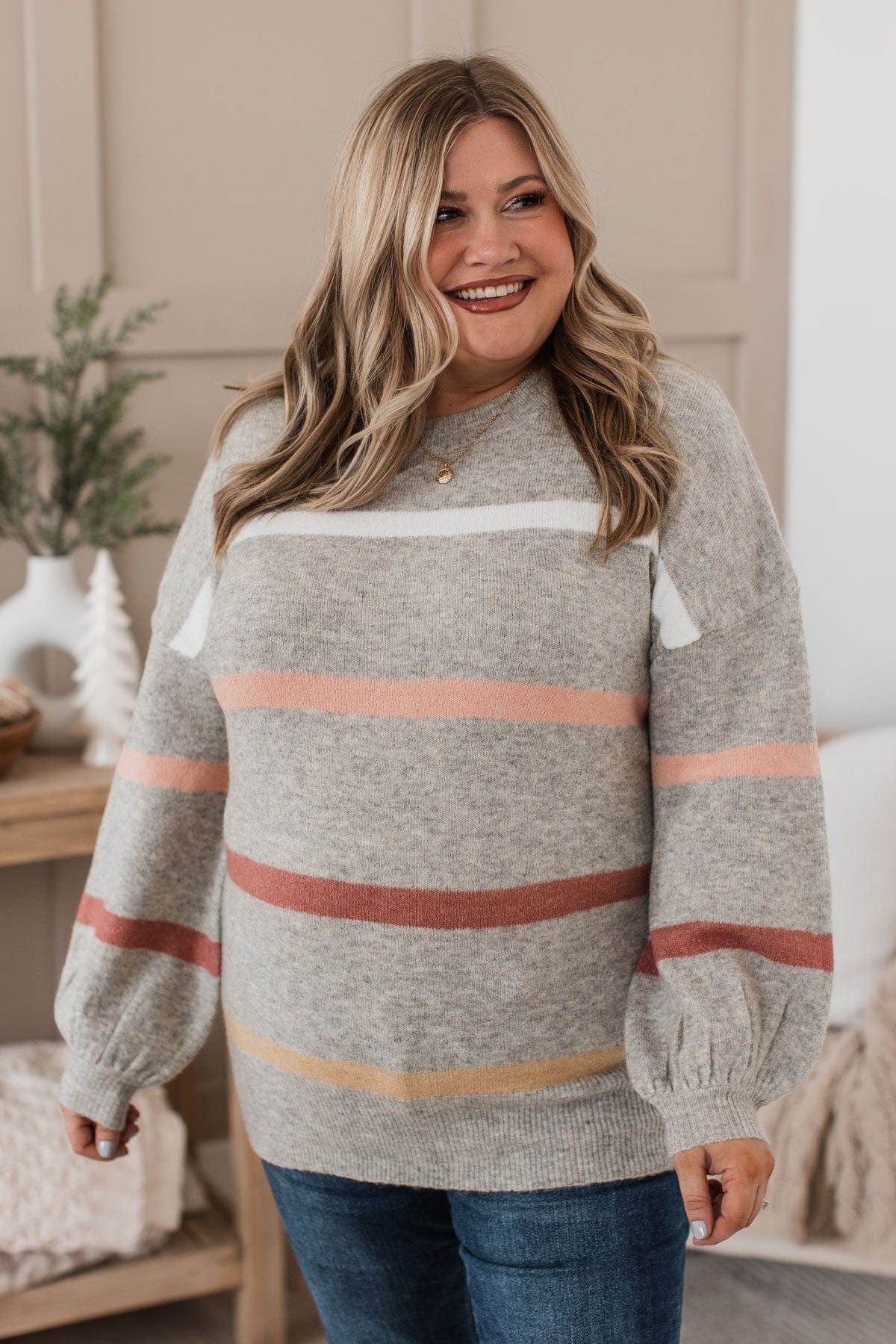 Wonderful Days Striped Knit Sweater- Heather Grey - Image 4