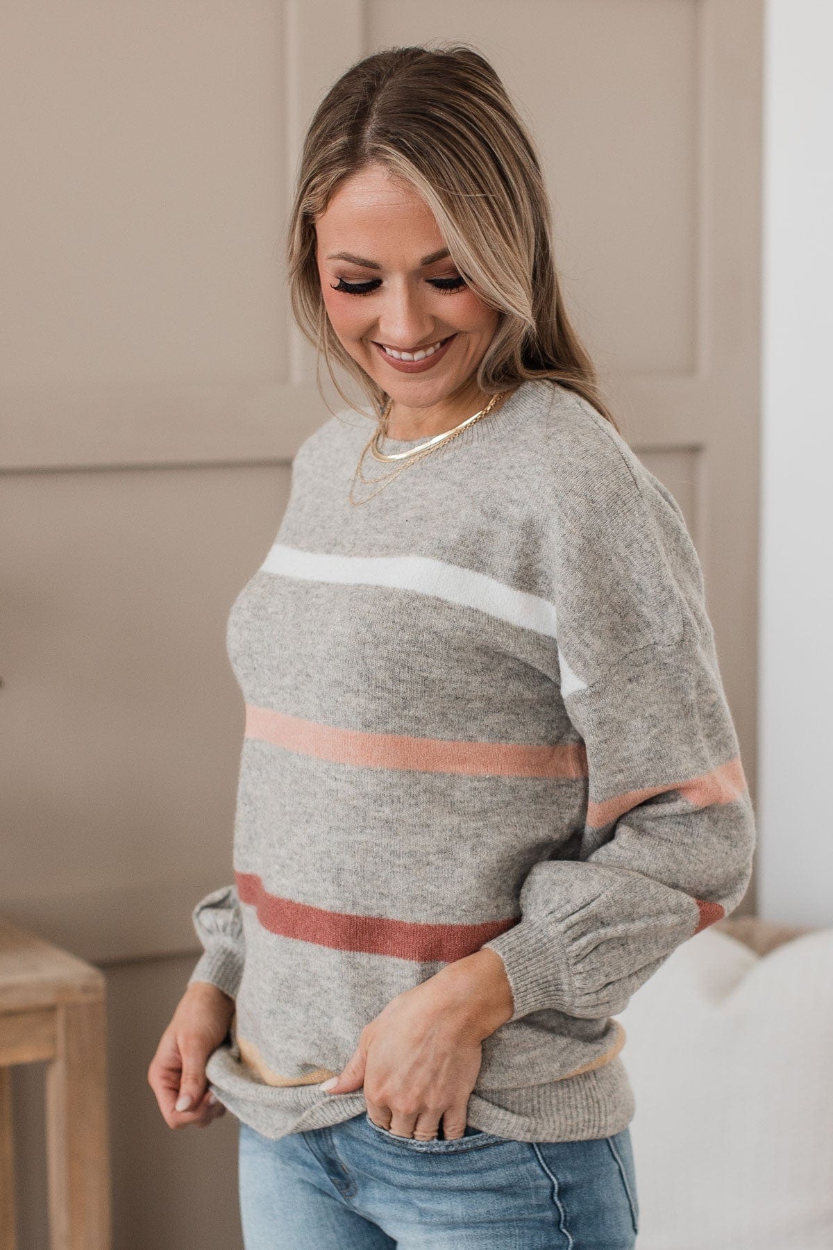 Wonderful Days Striped Knit Sweater- Heather Grey - Image 5