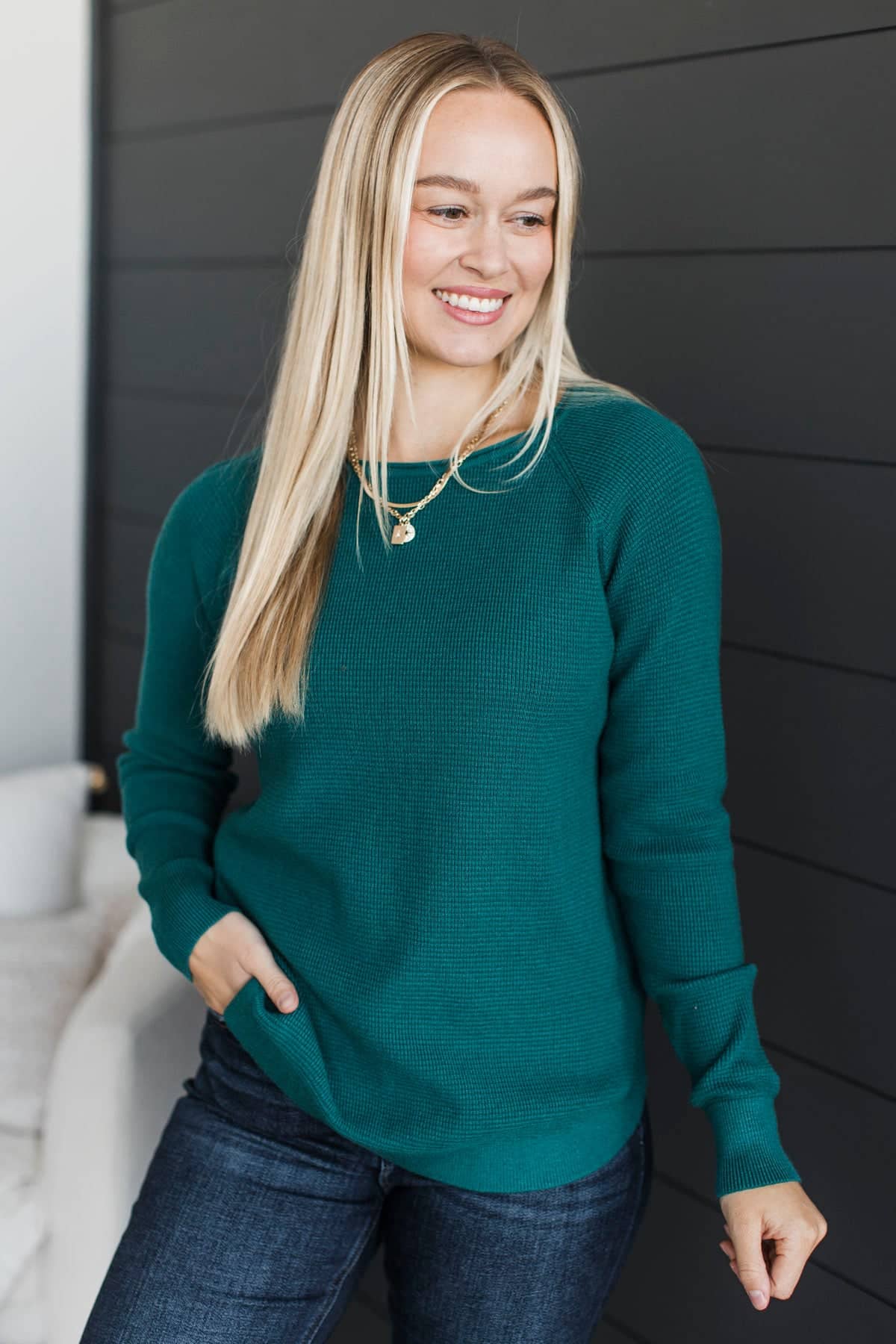Wonderful Moments Waffle Knit Sweater- Teal - Image 3