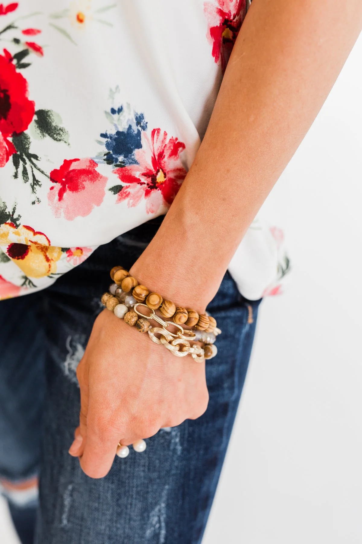Wood and Gold Chain Bracelet Set- Natural Tones