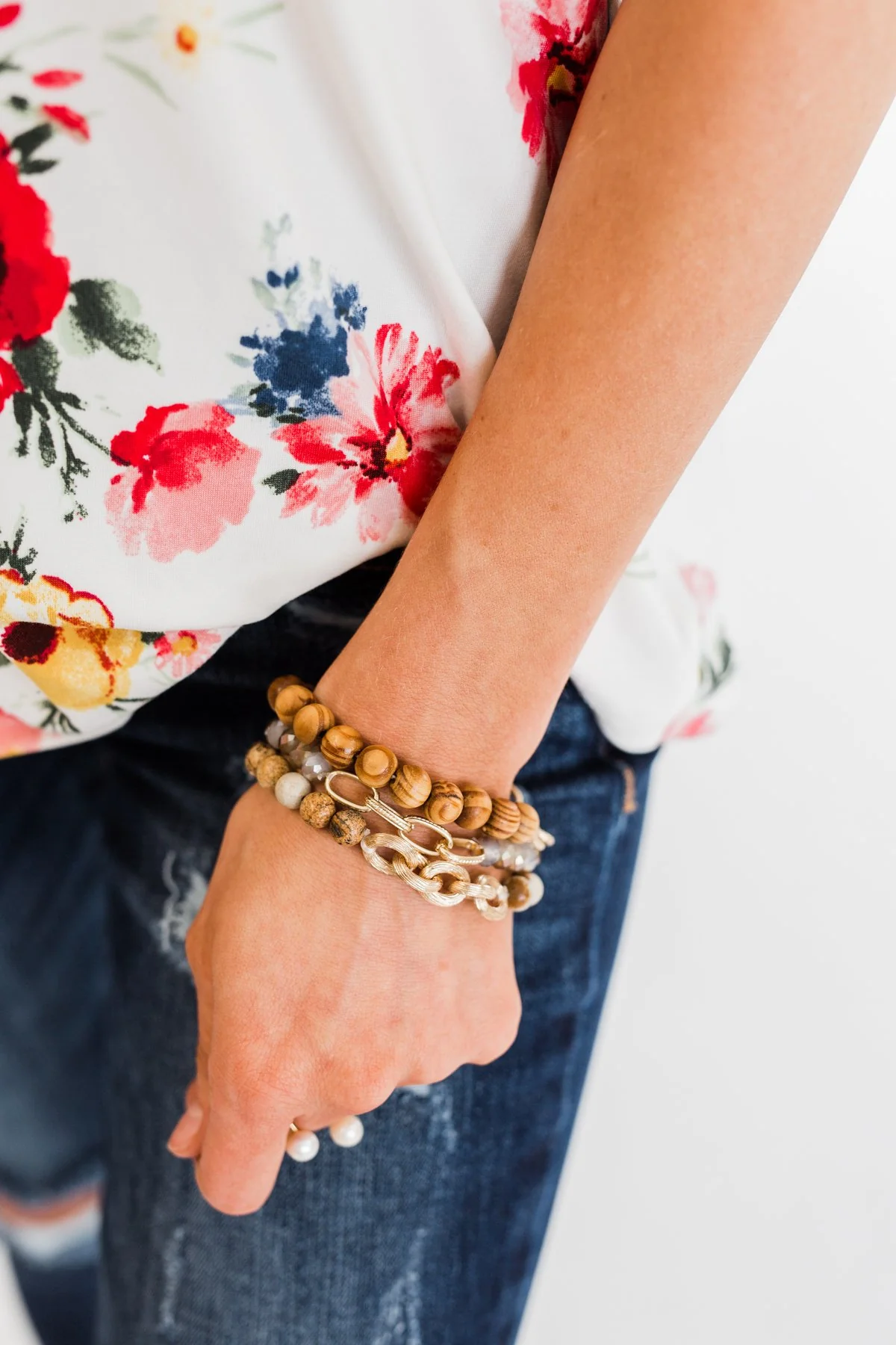 Wood and Gold Chain Bracelet Set- Natural Tones - Image 3