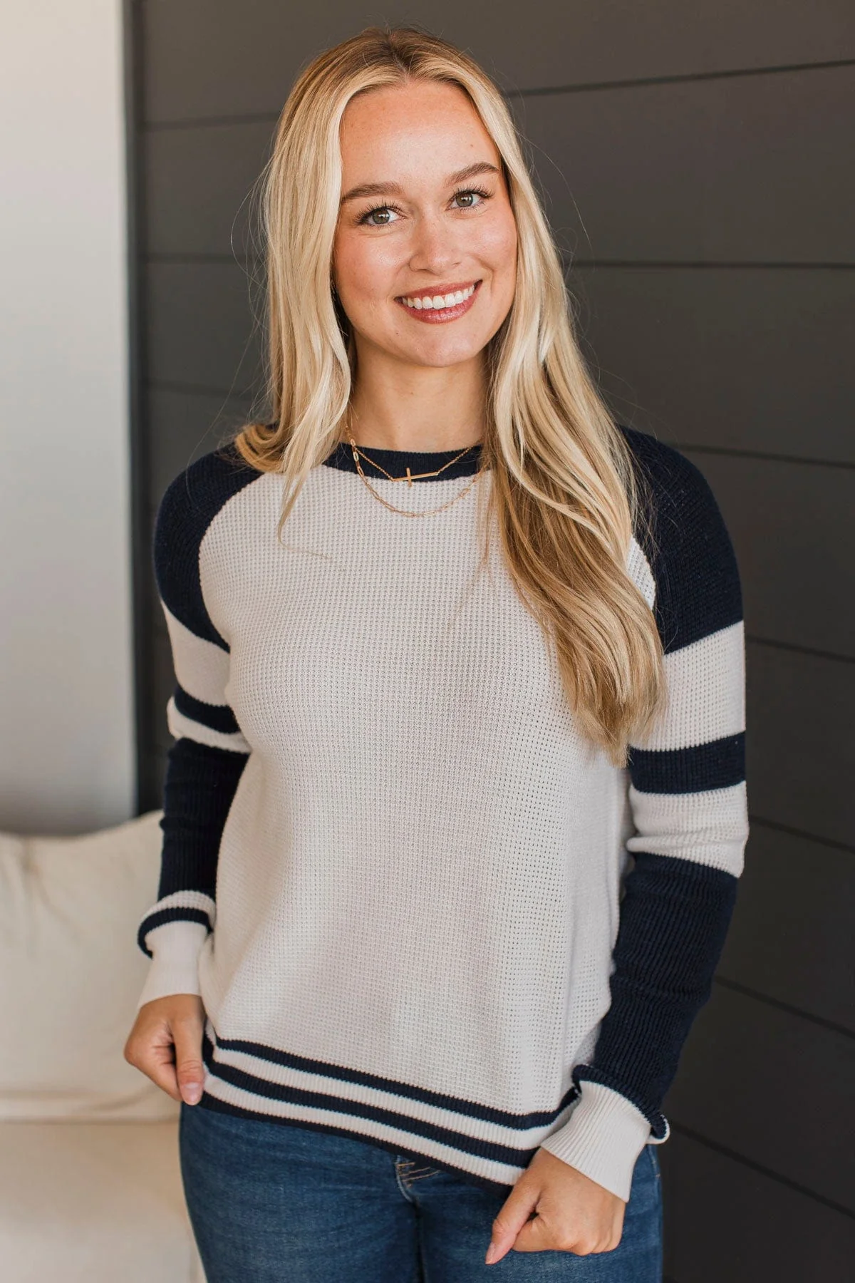 Words Of Mine Waffle Knit Sweater- Ivory & Navy - Image 2