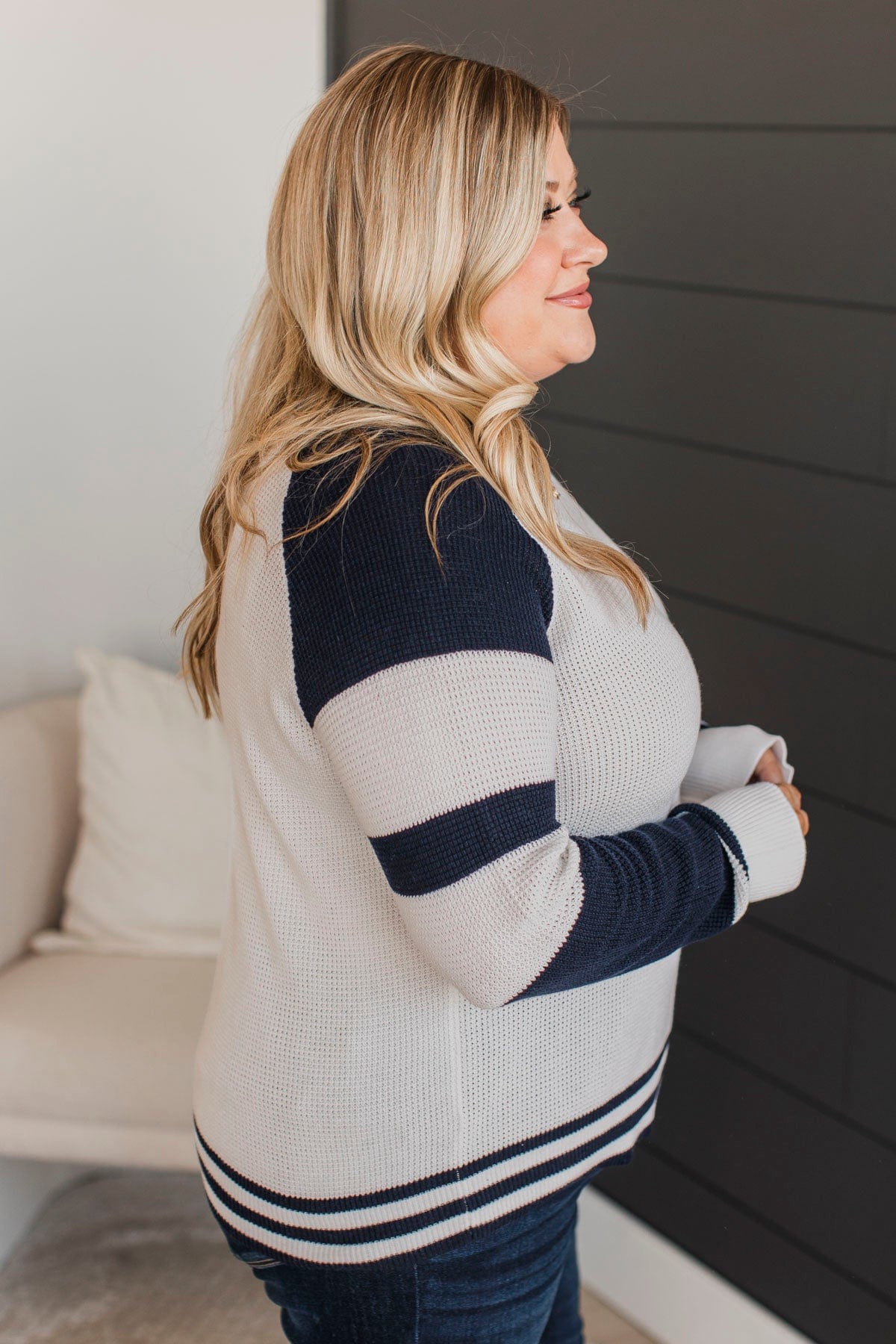 Words Of Mine Waffle Knit Sweater- Ivory & Navy - Image 5