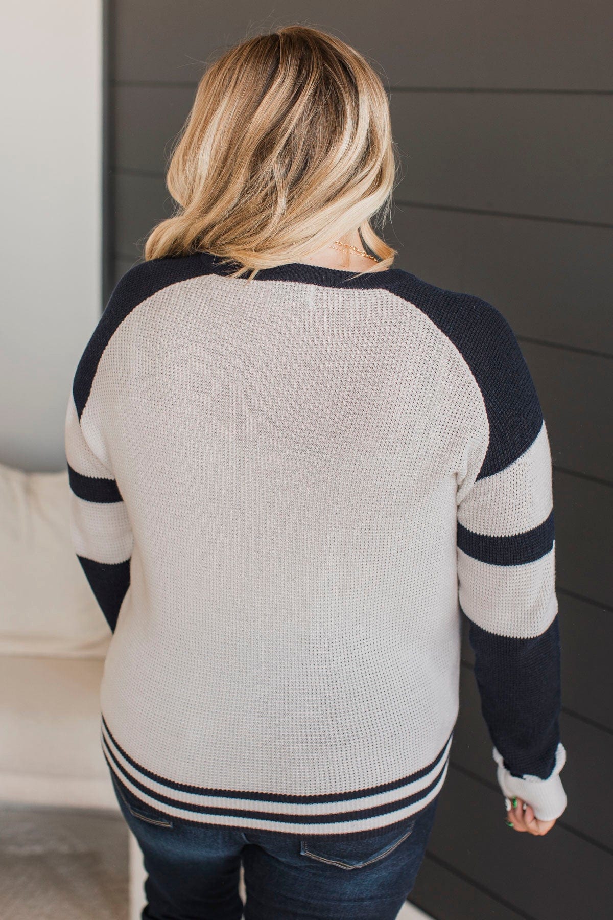 Words Of Mine Waffle Knit Sweater- Ivory & Navy - Image 7