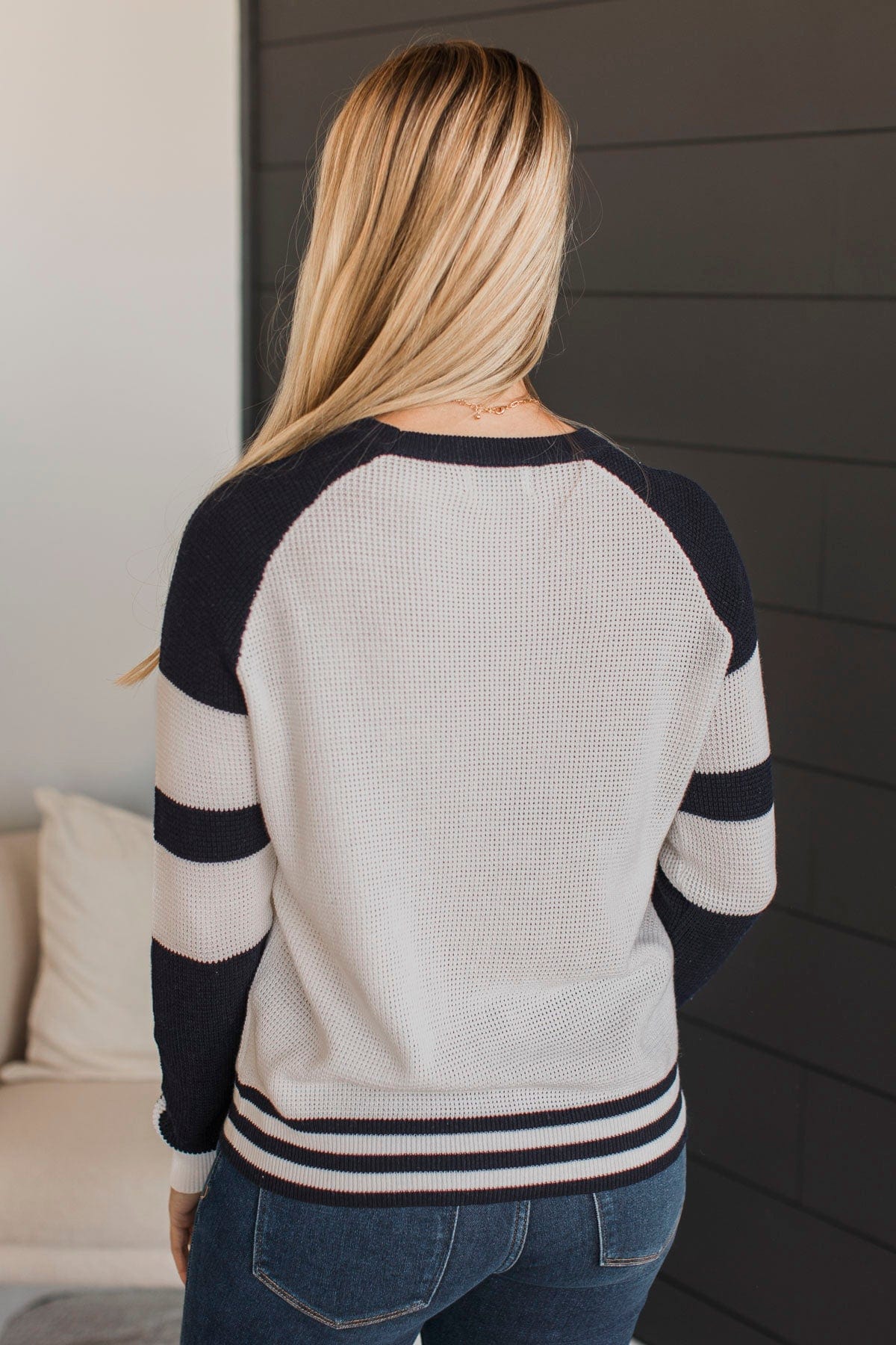 Words Of Mine Waffle Knit Sweater- Ivory & Navy - Image 8