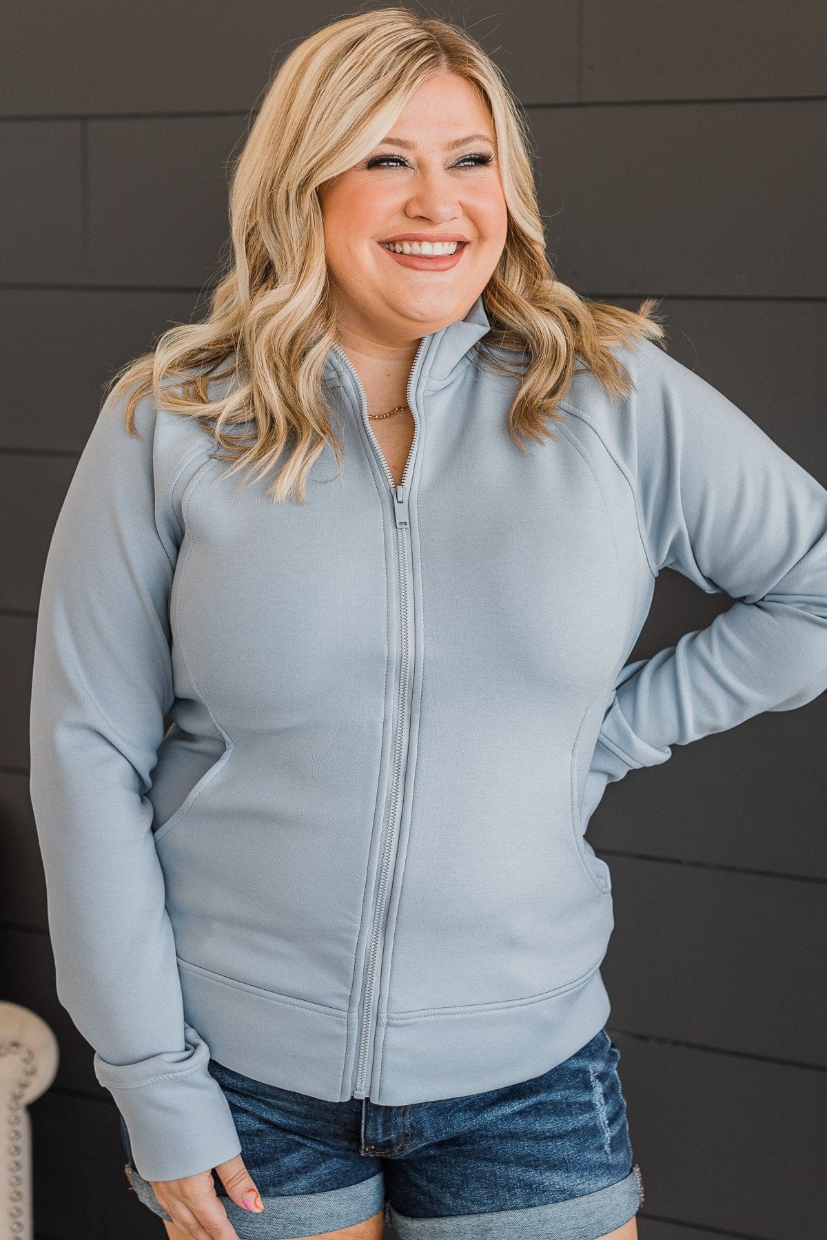 Work In Progress Zip Up Athleisure Jacket- Powder Blue - Image 3