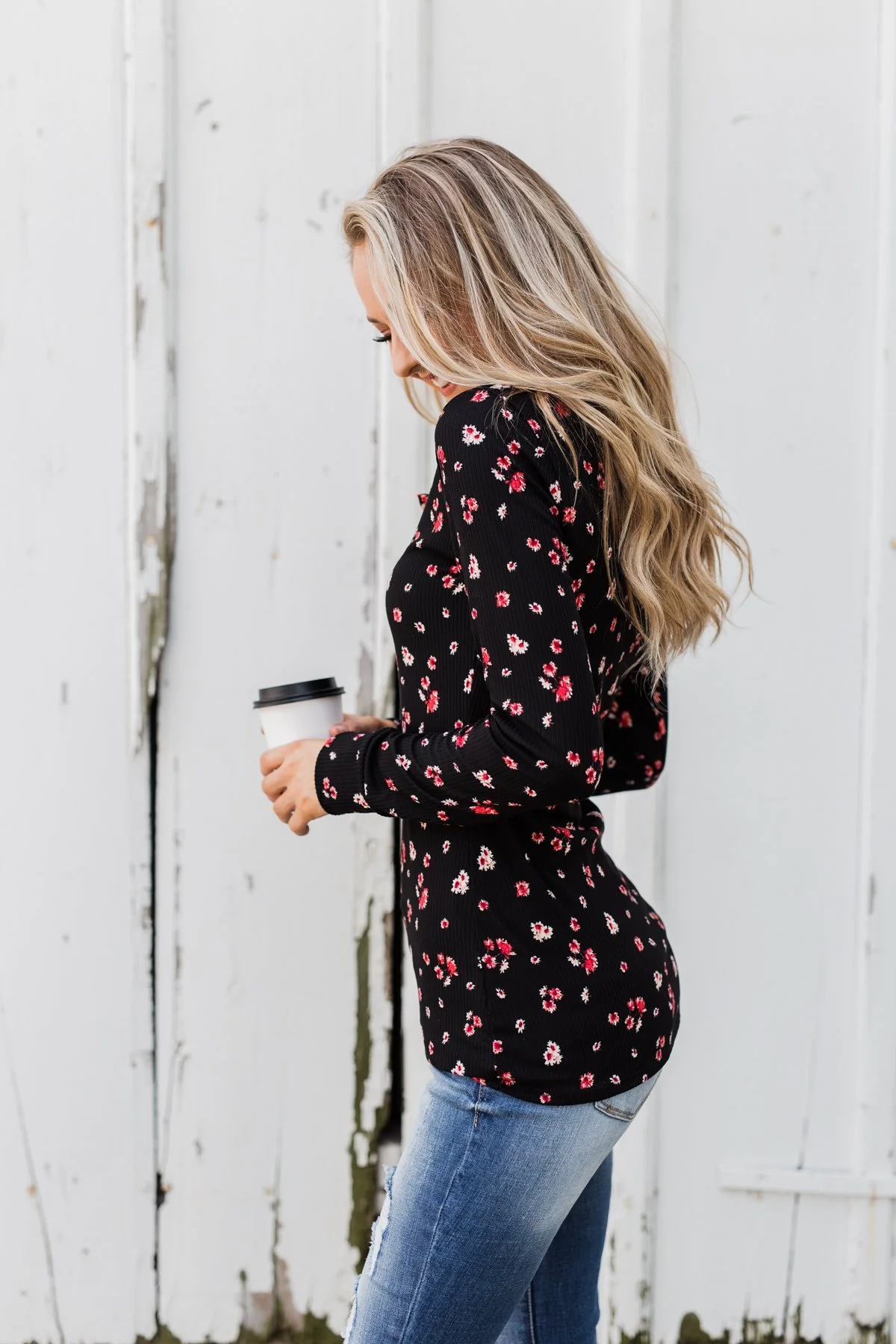 Work of Art Long Sleeve Floral Henley- Black - Image 11