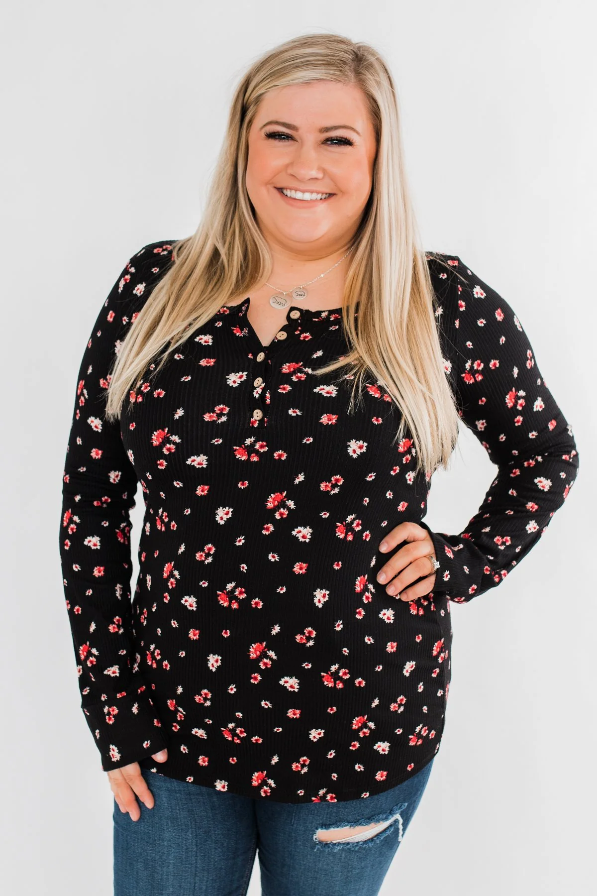 Work of Art Long Sleeve Floral Henley- Black - Image 2