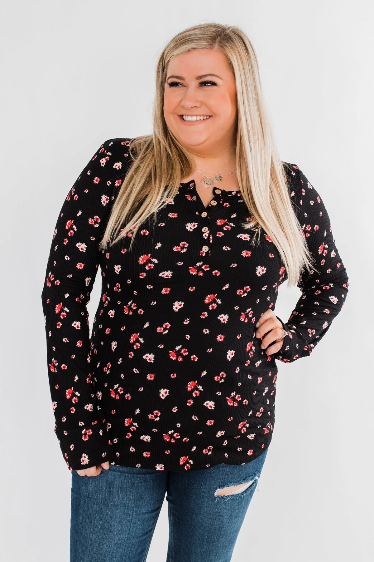 Work of Art Long Sleeve Floral Henley- Black - Image 8