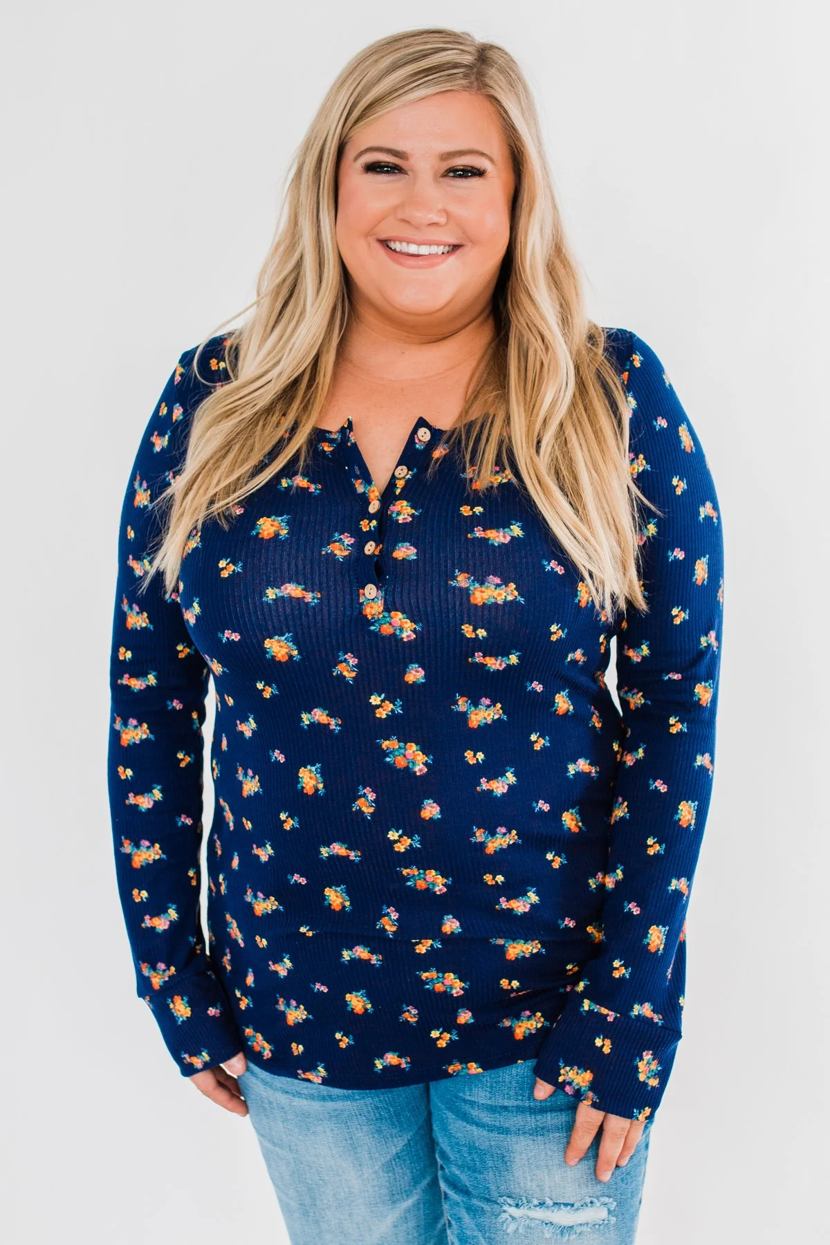 Work of Art Long Sleeve Floral Henley- Navy - Image 12