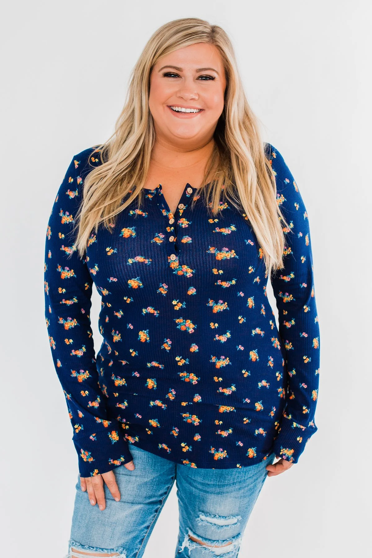 Work of Art Long Sleeve Floral Henley- Navy - Image 6
