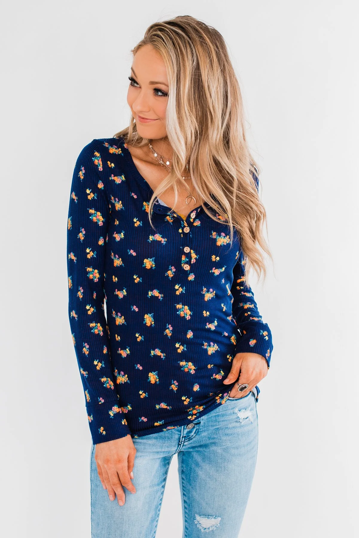 Work of Art Long Sleeve Floral Henley- Navy - Image 7