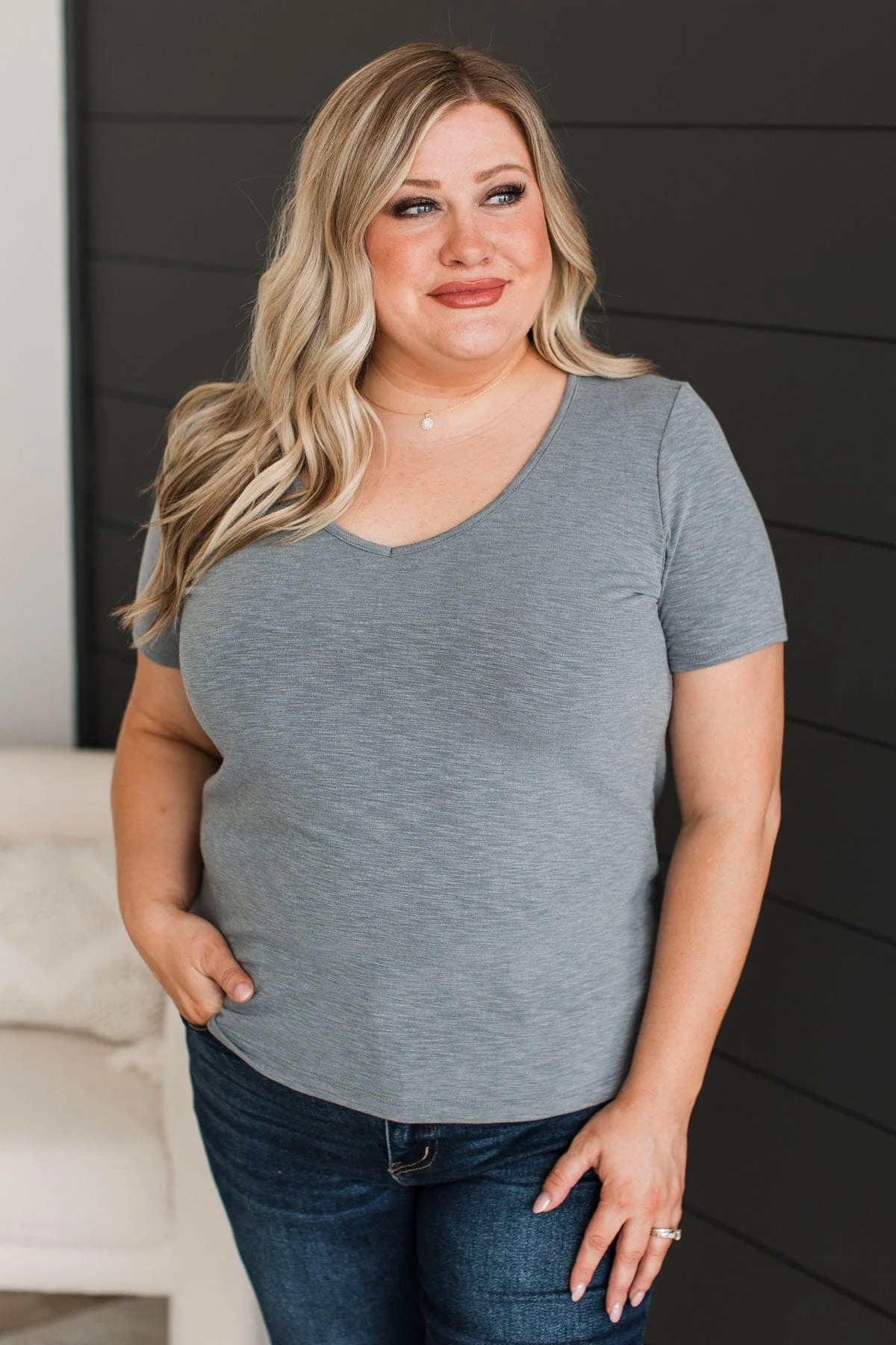 Work With You V-Neck Top- Grey - Image 3