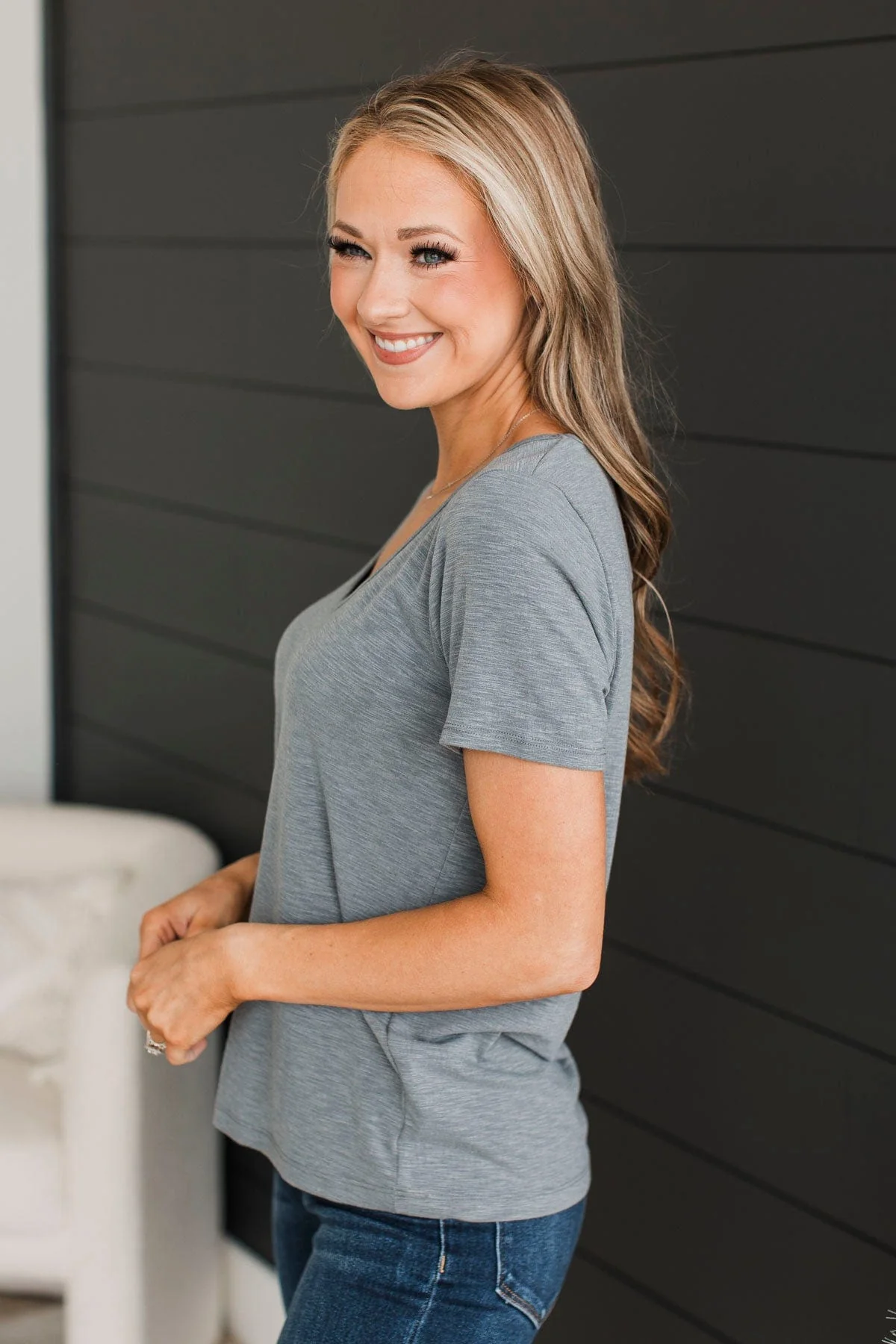 Work With You V-Neck Top- Grey - Image 6
