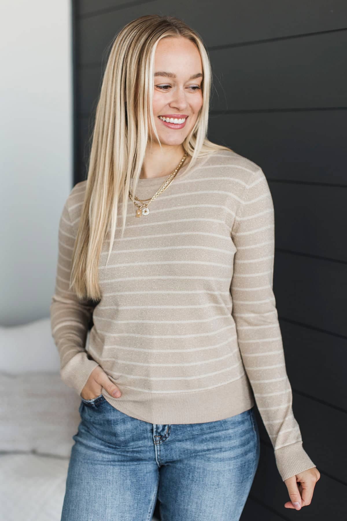 Working For Love Lurex Knit Sweater- Light Taupe