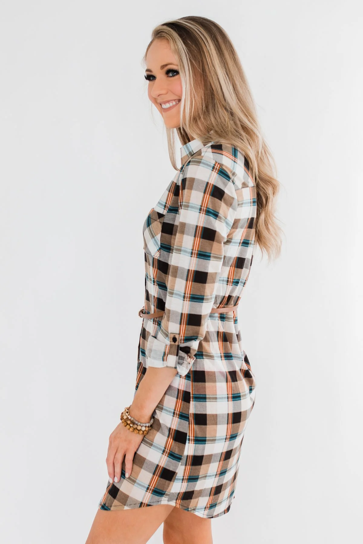 Working It Flannel Button Dress- Ivory & Brown - Image 5