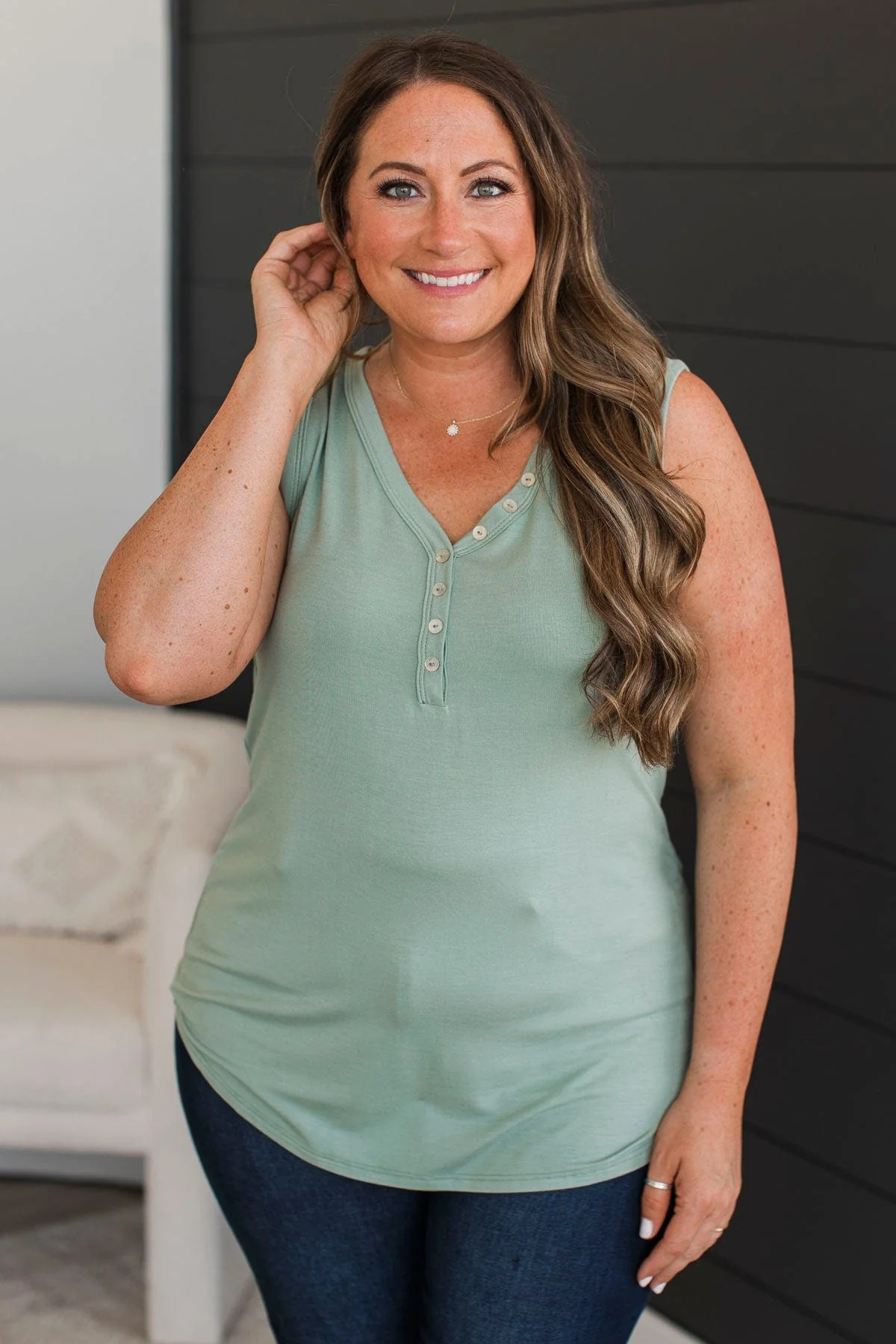 Worlds Apart Button Tank Top- Sage - Image 2