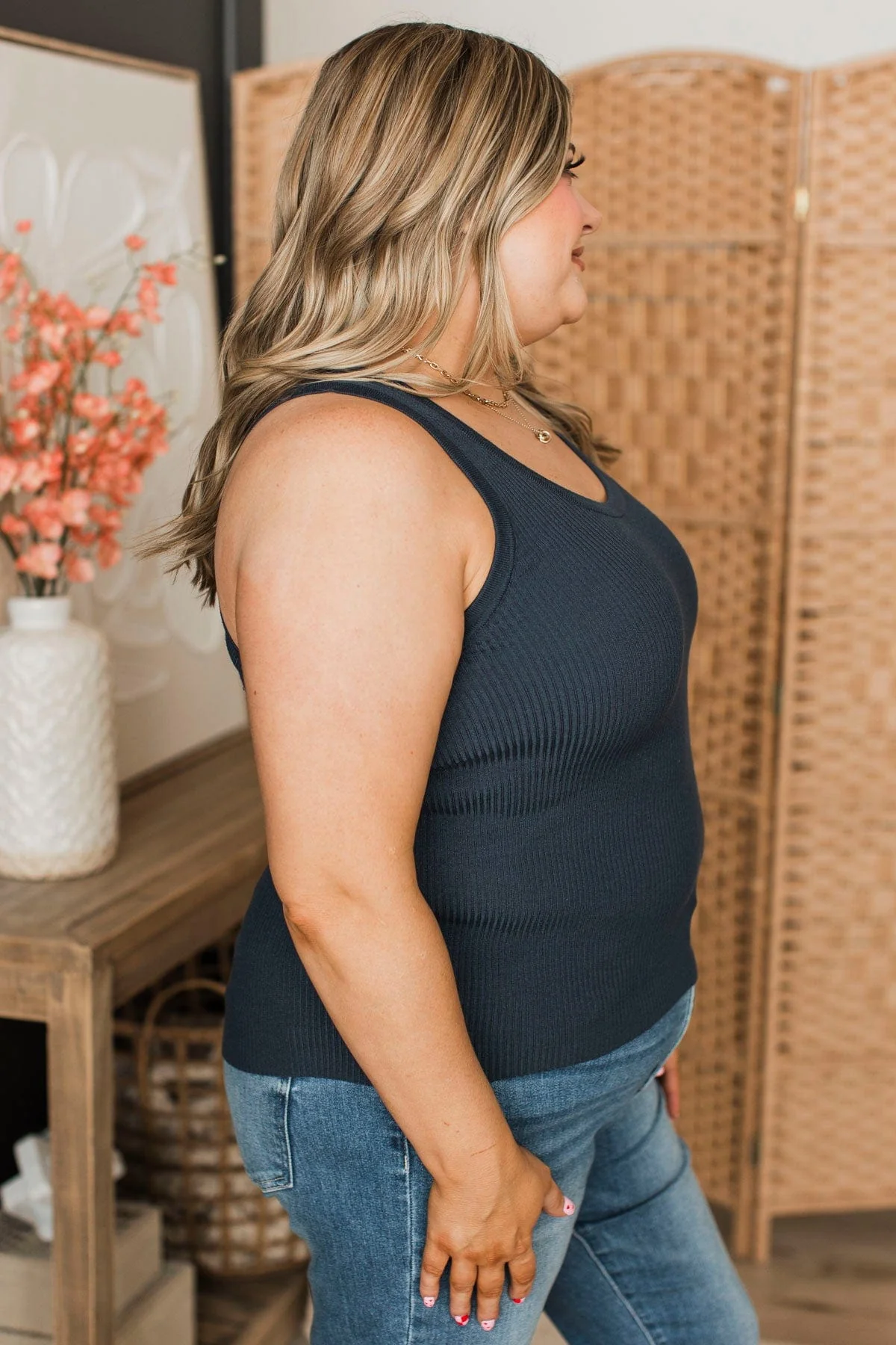 Worth A Shot Ribbed Knit Tank Top- Navy - Image 6