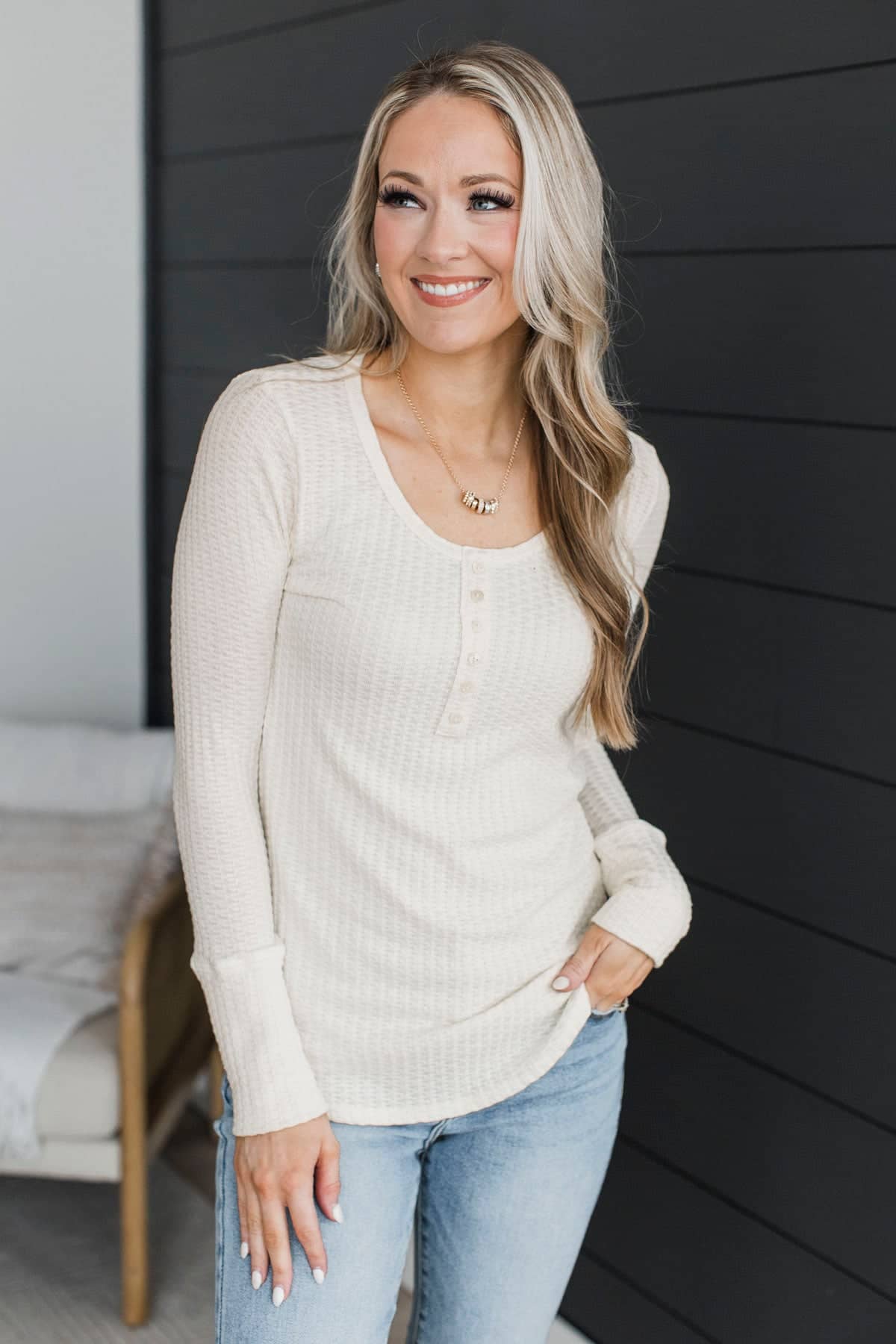 Worth The Risk Long Sleeve Waffle Top- Light Cream - Image 2