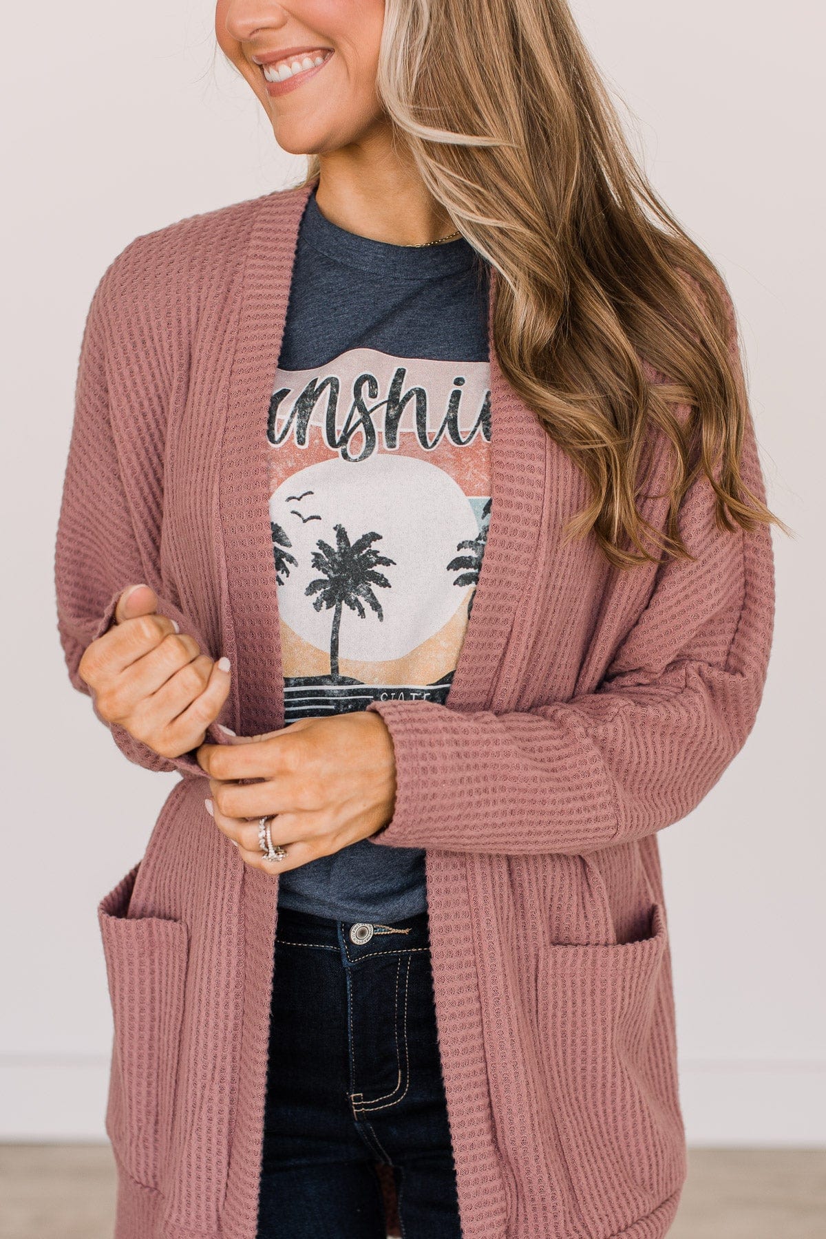 Worth Waiting For Waffle Knit Cardigan- Mauve - Image 3