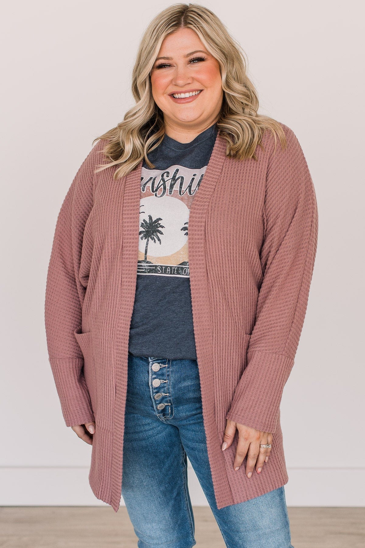 Worth Waiting For Waffle Knit Cardigan- Mauve - Image 4