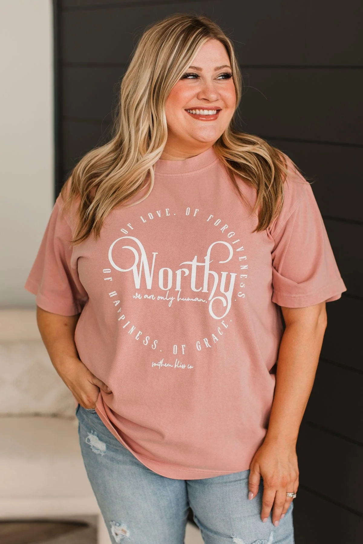 "Worthy" Mock Neck Graphic Tee- Blush - Image 3