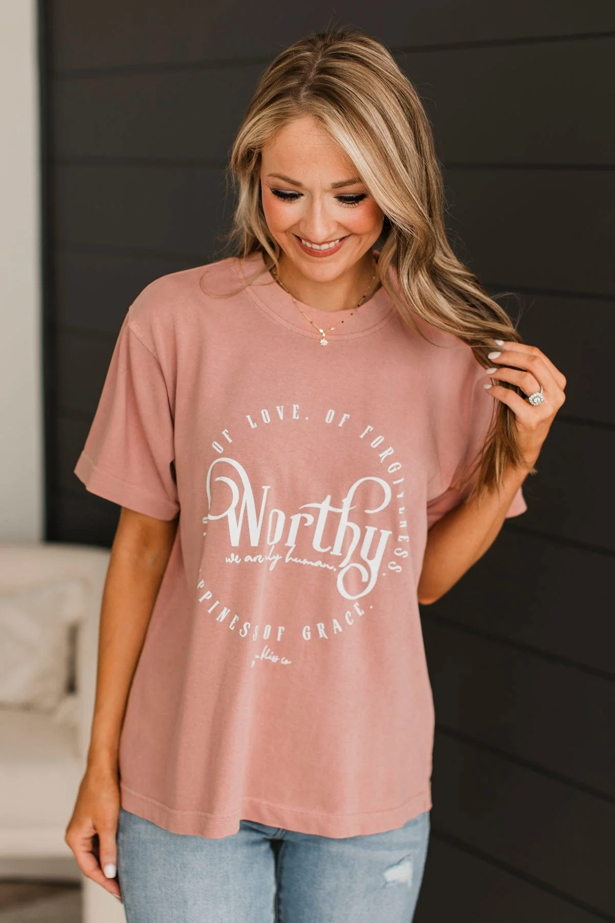 "Worthy" Mock Neck Graphic Tee- Blush - Image 4