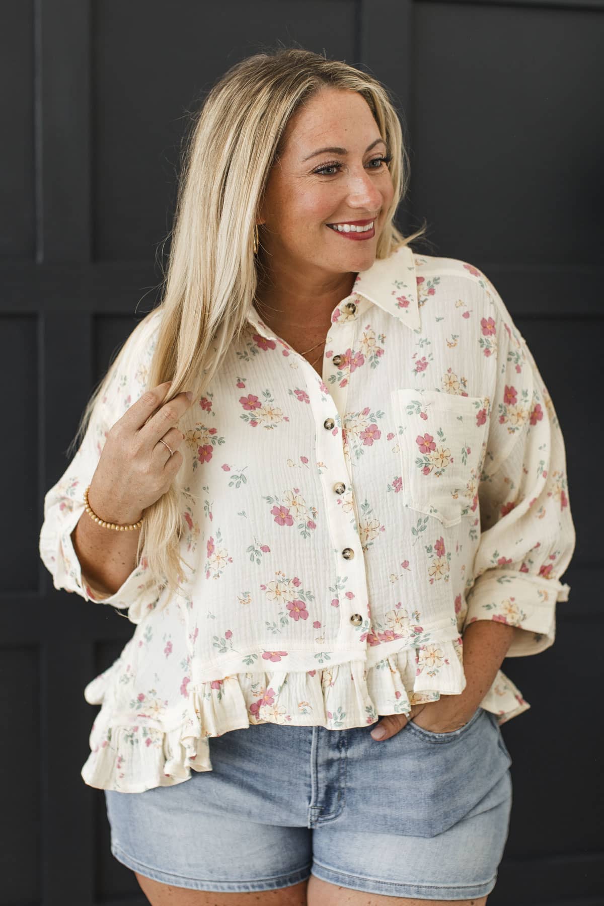 Woven In Time Button Up Floral Blouse- Butter - Image 4