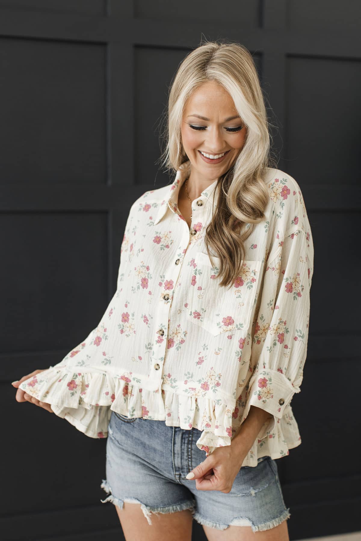 Woven In Time Button Up Floral Blouse- Butter - Image 5