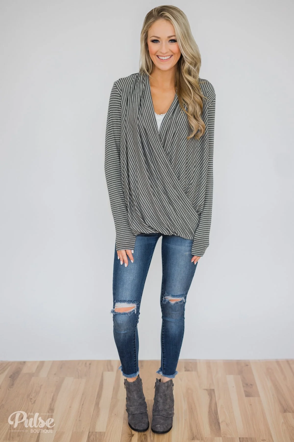 Wrap It Up Long Sleeve Striped Top- Charcoal Grey - Image 3