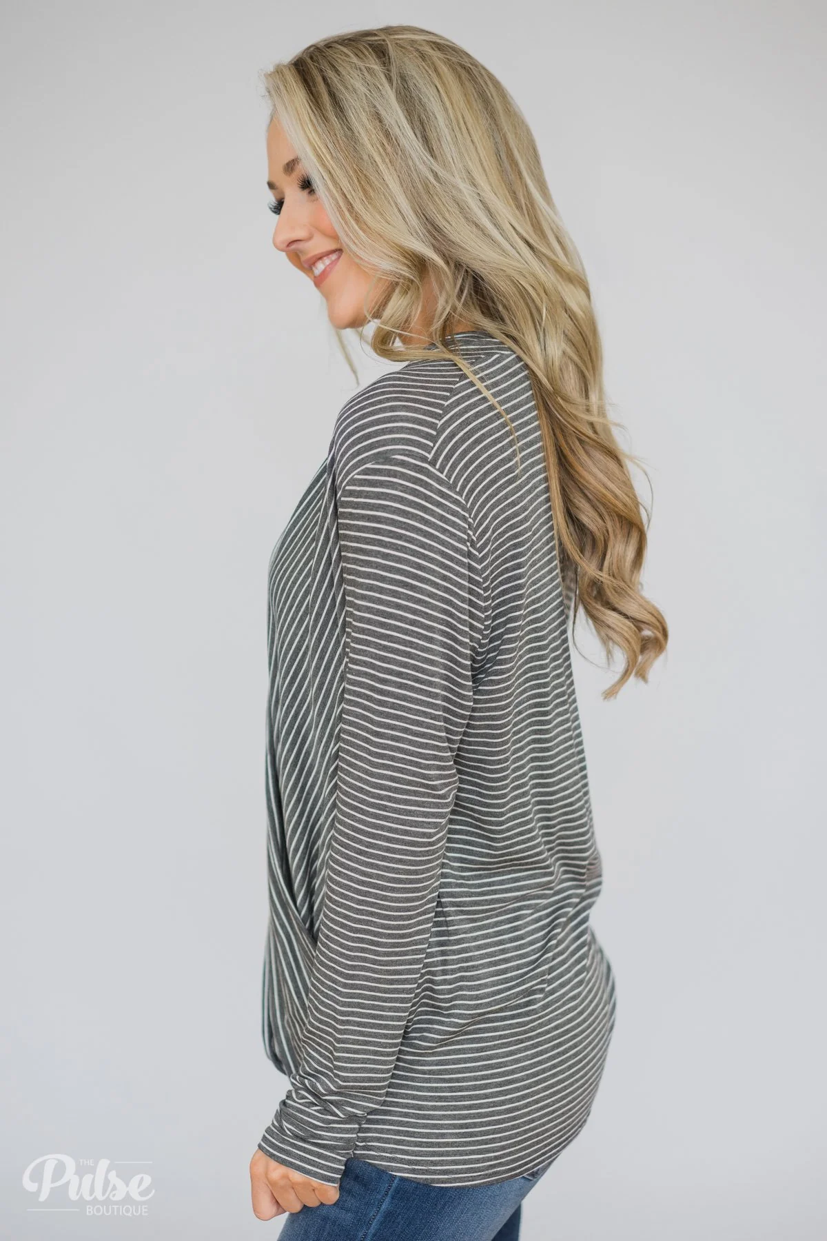 Wrap It Up Long Sleeve Striped Top- Charcoal Grey - Image 6