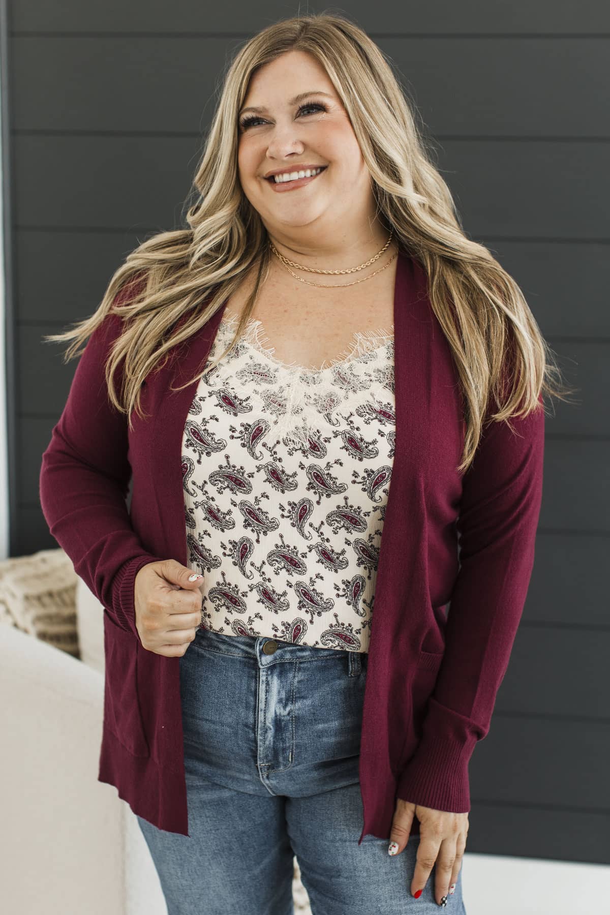 Wrapped In Comfort Open Front Cardigan- Wine Red - Image 3