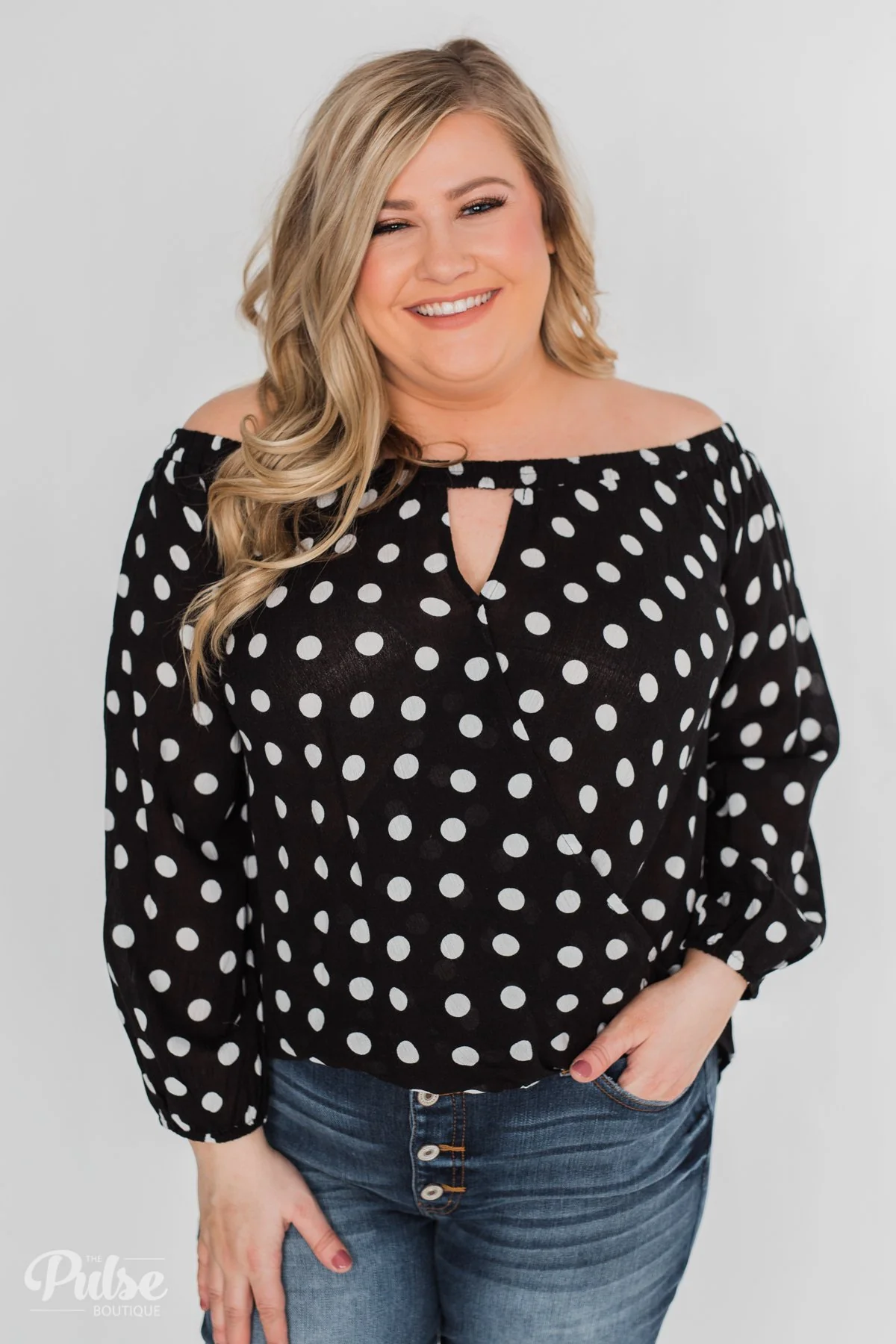 Wrapped Up In Polka Dots Off The Shoulder Blouse- Black - Image 2
