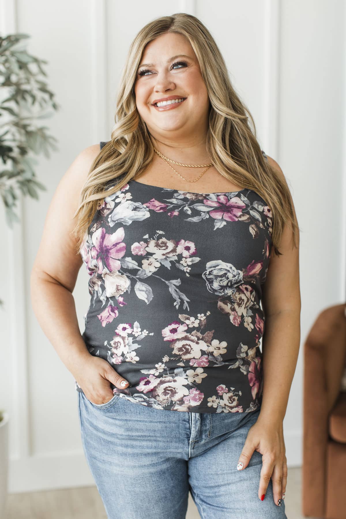 Written With Love Floral Tank Top- Charcoal - Image 2