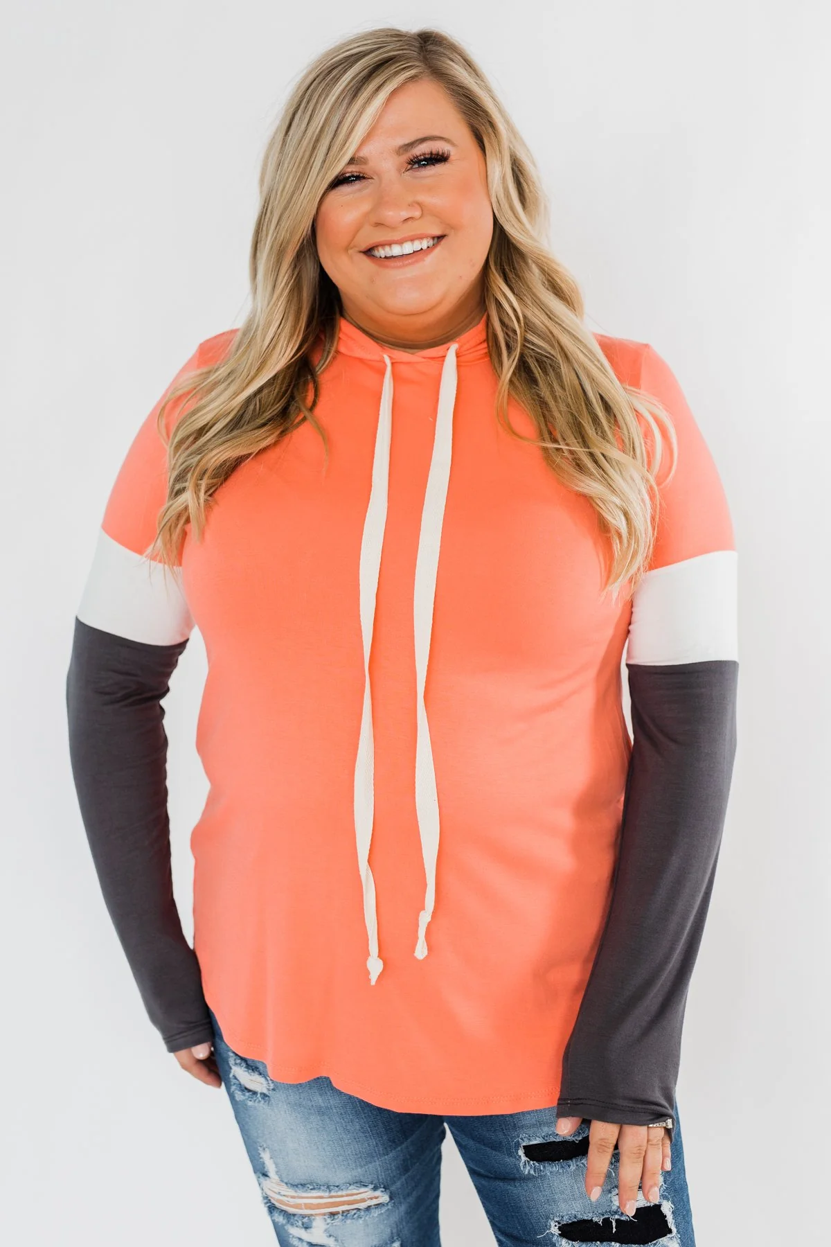 You And I Long Sleeve Hoodie- Coral & Charcoal - Image 2