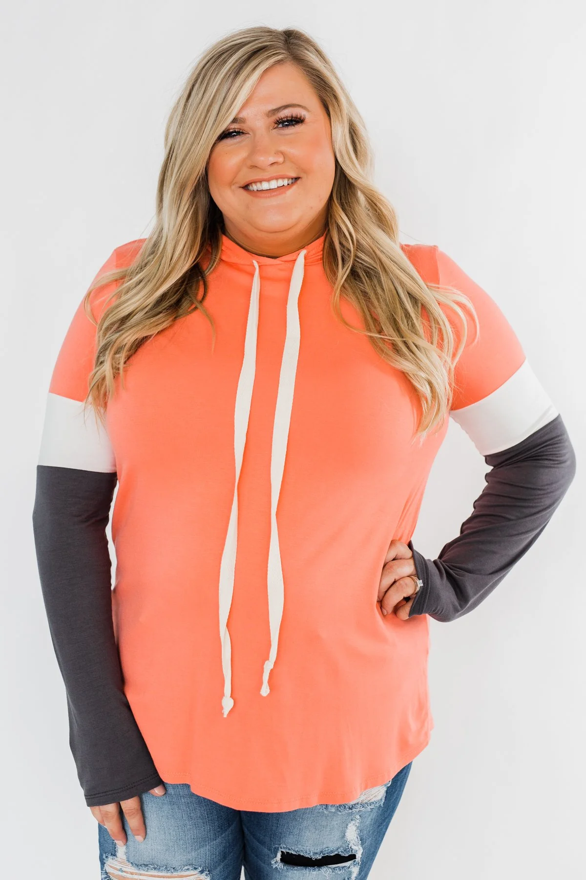 You And I Long Sleeve Hoodie- Coral & Charcoal - Image 4