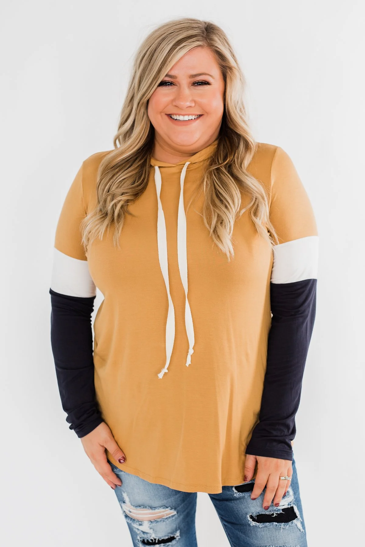 You And I Long Sleeve Hoodie- Mustard & Navy - Image 3