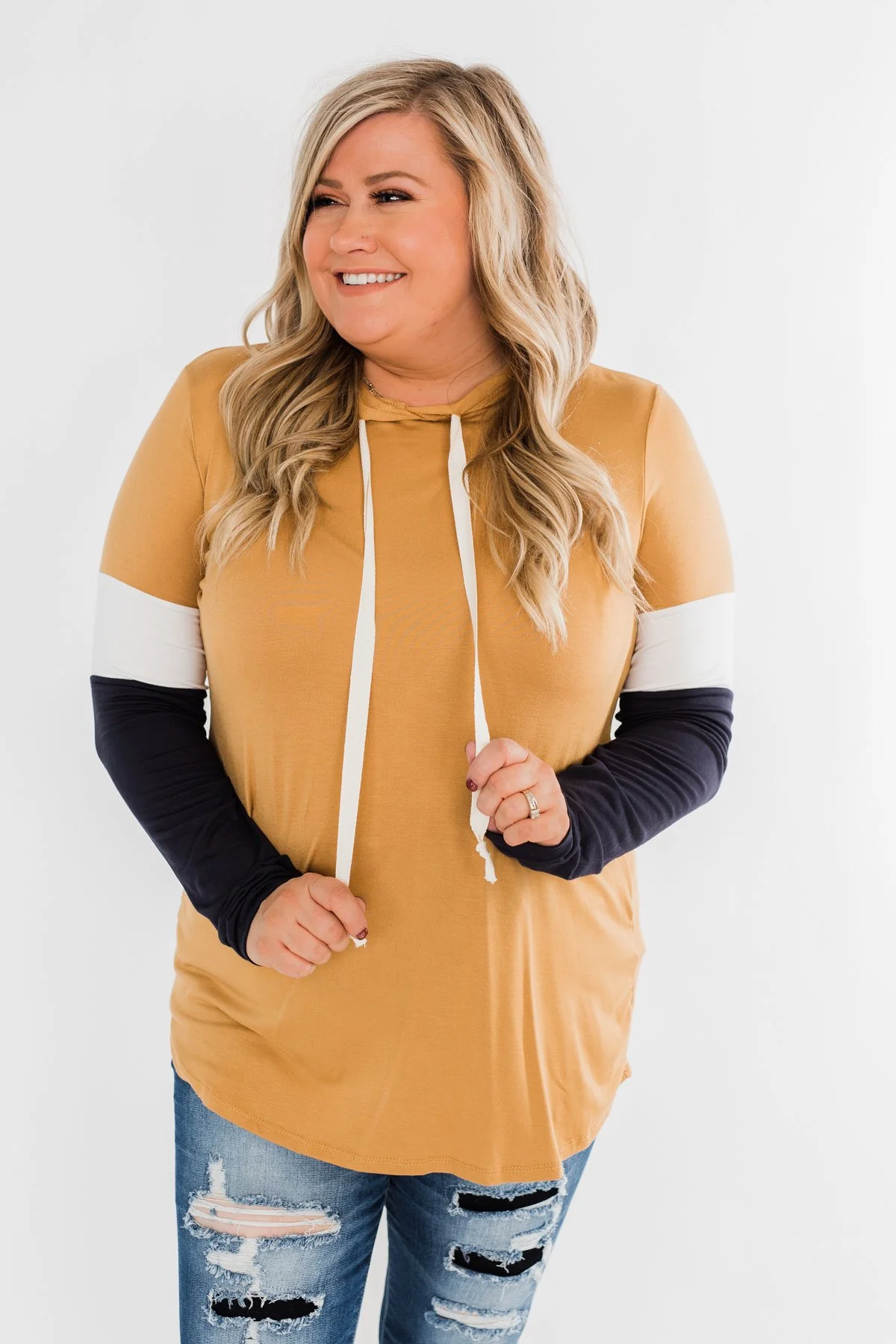 You And I Long Sleeve Hoodie- Mustard & Navy - Image 5
