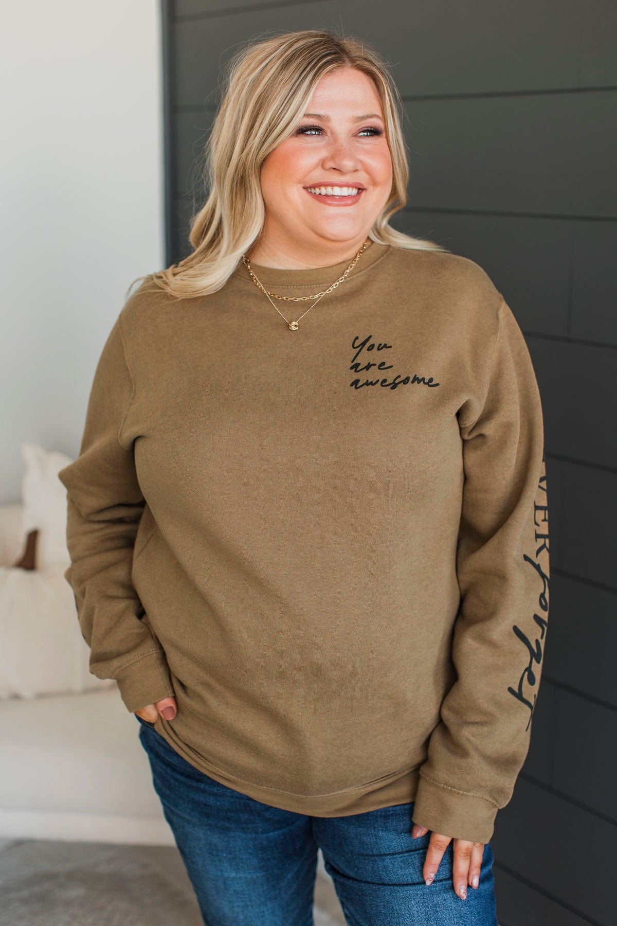 "You Are Awesome" Crew Neck Pullover- Tan - Image 5