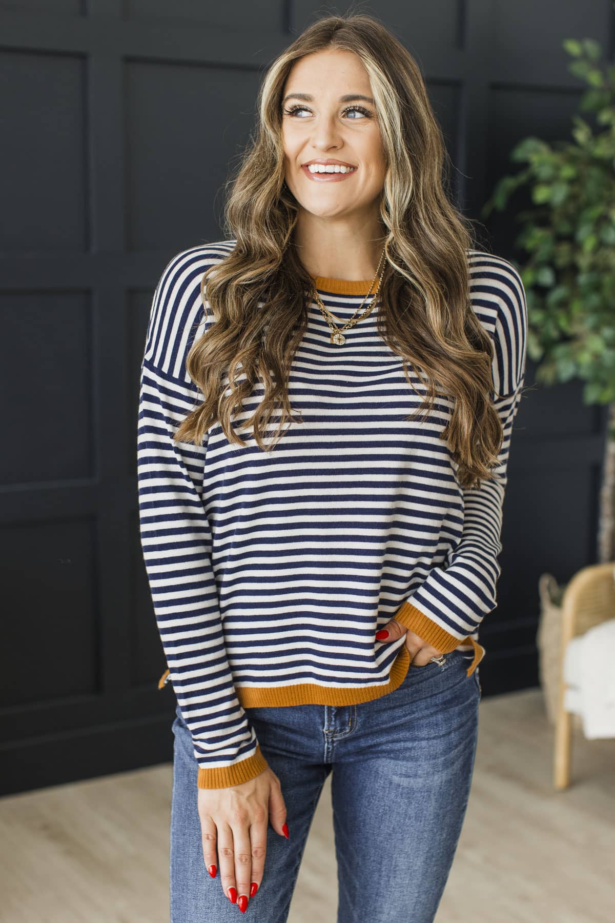 You Are Enough Lightweight Striped Knit Sweater- Navy & Butterscotch - Image 2