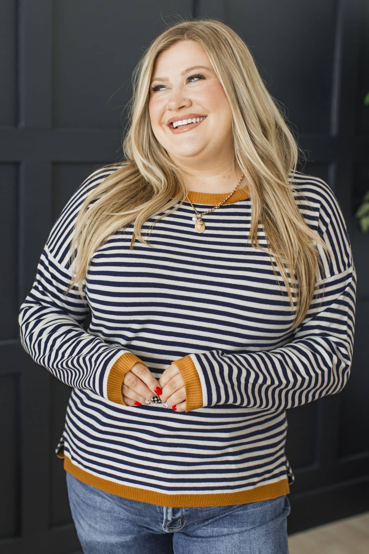 You Are Enough Lightweight Striped Knit Sweater- Navy & Butterscotch - Image 3