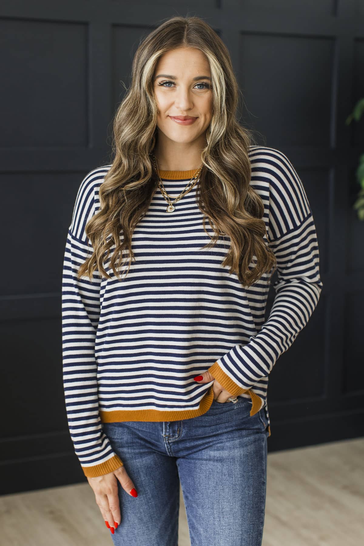 You Are Enough Lightweight Striped Knit Sweater- Navy & Butterscotch - Image 4